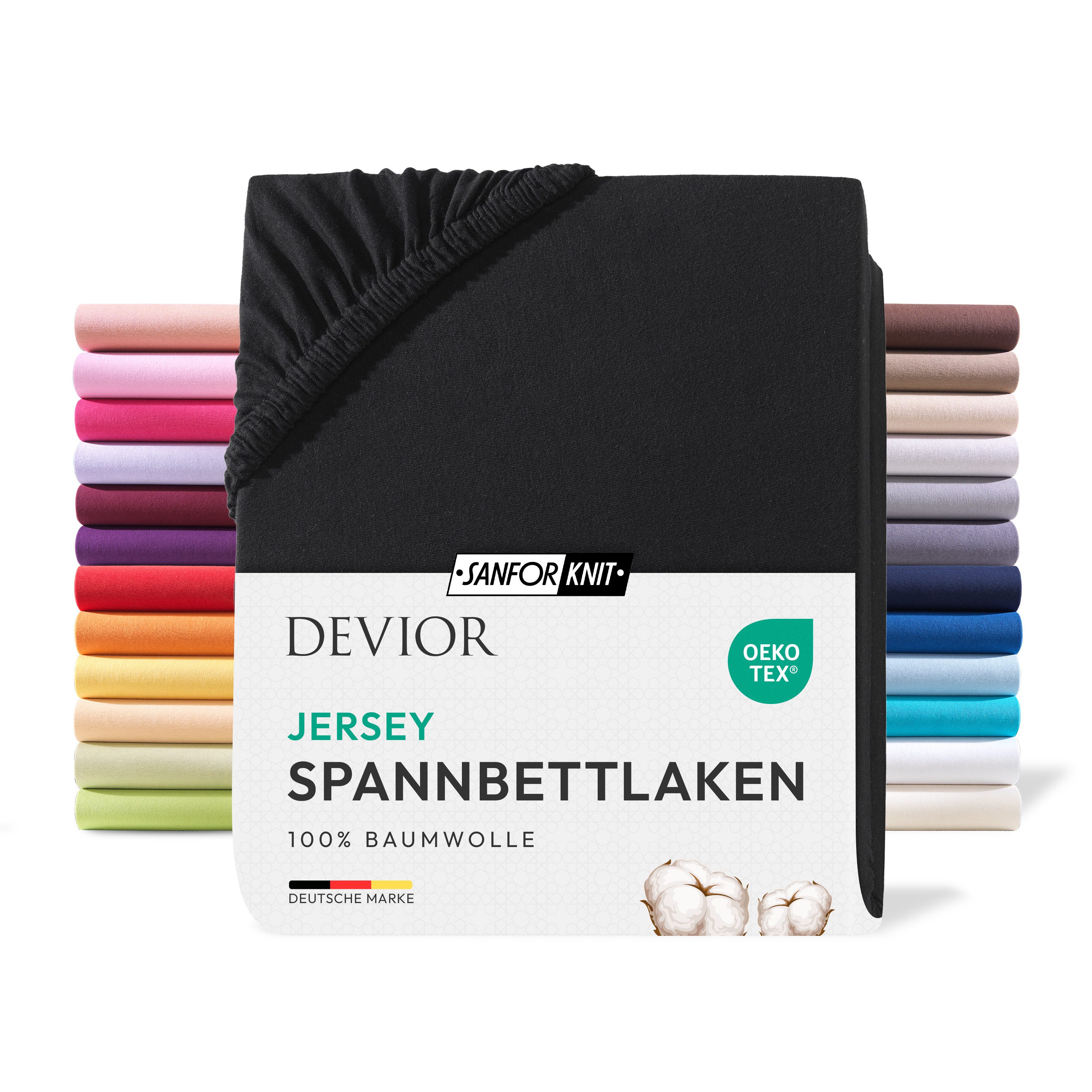 Devior Spannbettlaken 100% Baumwolle für Standardmatratzen, 135 g/m² hochwertig verarbeitet, Jersey, (1 Stück), mit Rundumgummizug atmungsaktiv & pflegeleicht in vielen Größen