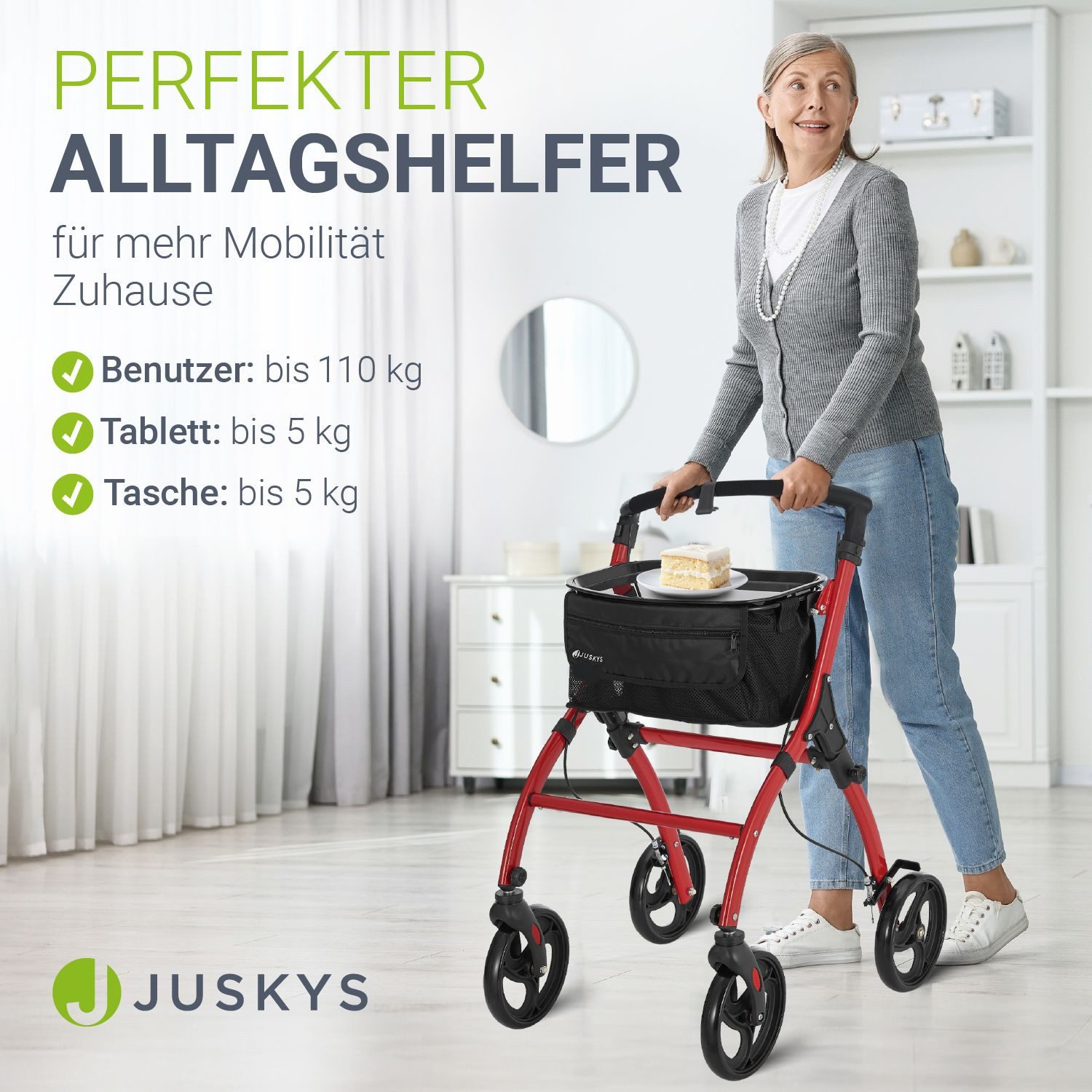 Juskys Indoor-Rollator Aktiv, für die Wohnung, mit Tasche & Tablett, schmal, verstellbar & faltbar