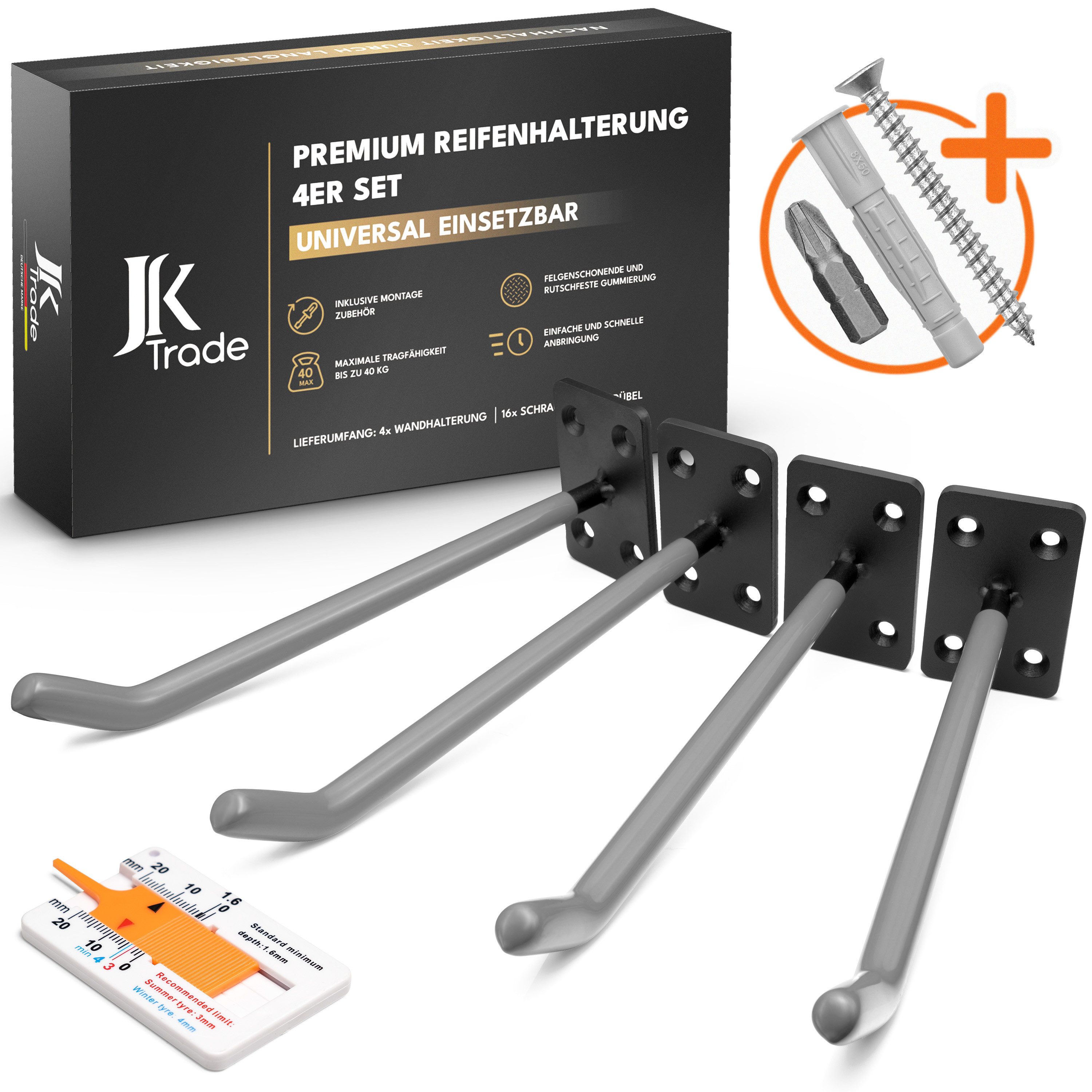JK Trade Reifen-Wandhalterung 4er Set für Auto Felgen bis 40 kg, (bis 22 Zoll, 4x Reifenhalterung, 16x Schrauben & Dübel, Torx & Profiltiefenmesser, Massiver Stahl mit rutschfester Gummierung)