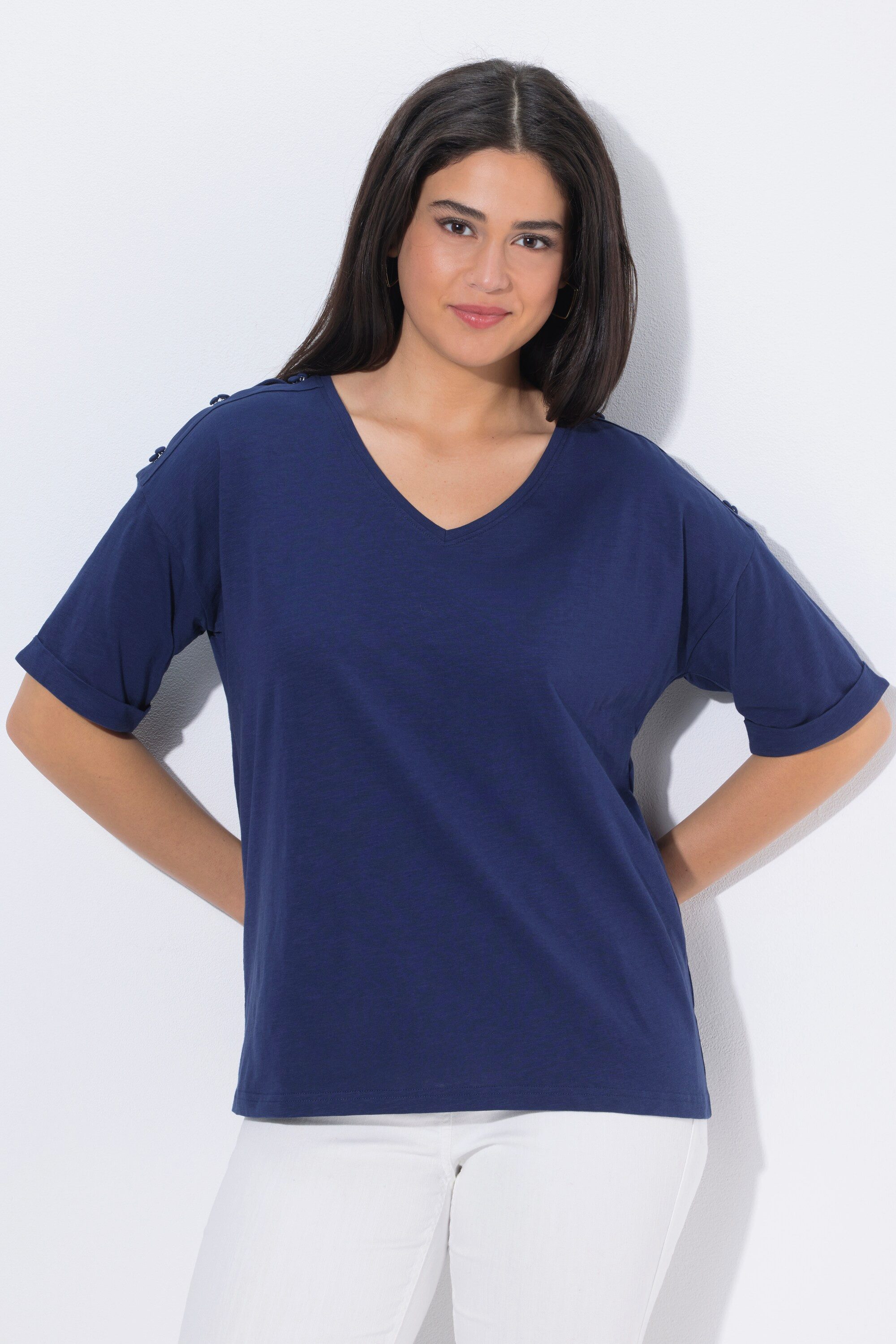 Ulla Popken T-Shirt T-Shirt Schulterschlitze Oversized V-Ausschnitt