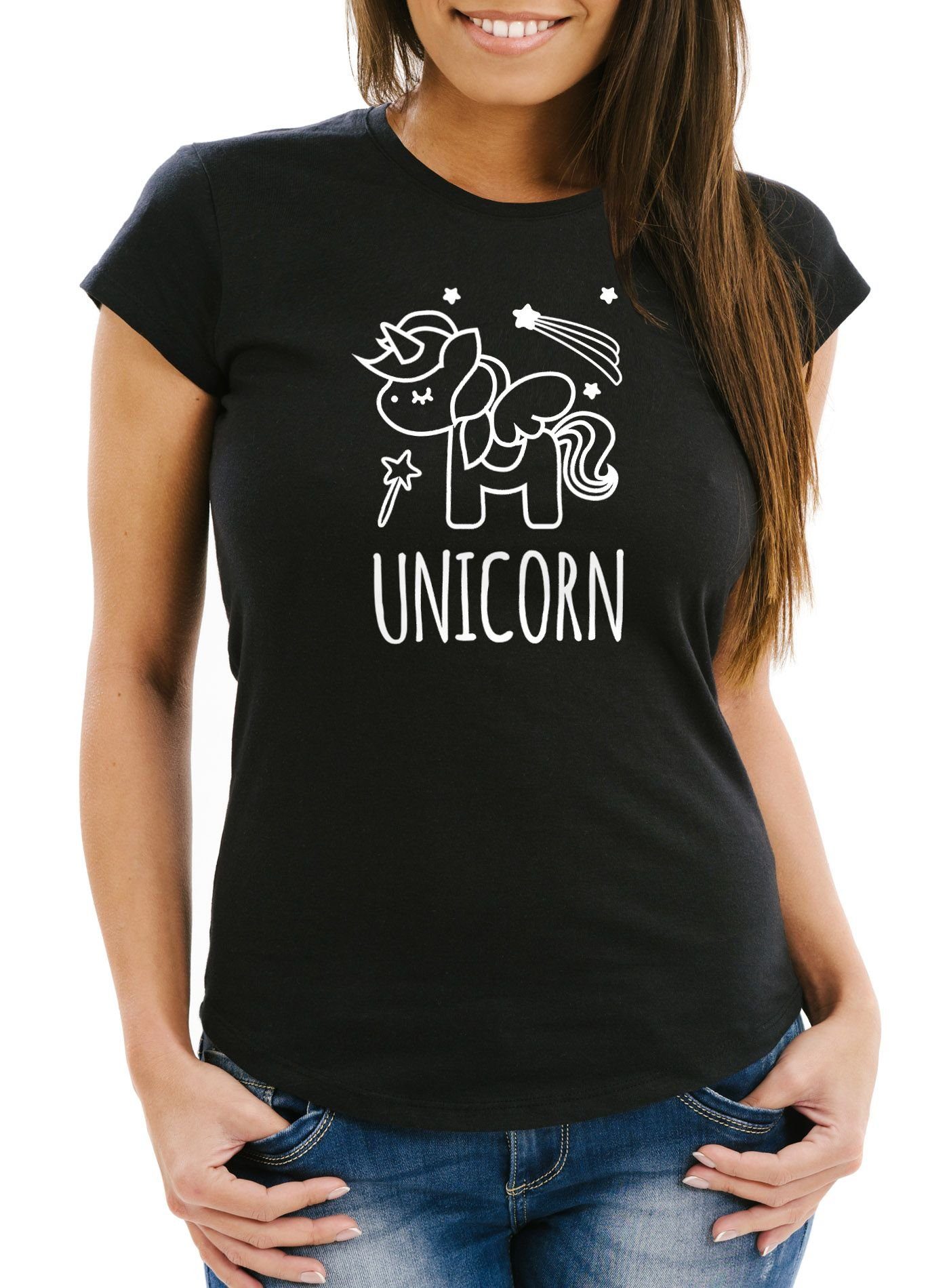 MoonWorks Print-Shirt Damen T-Shirt Einhorn Unicorn Sterne Slim Fit mit Print