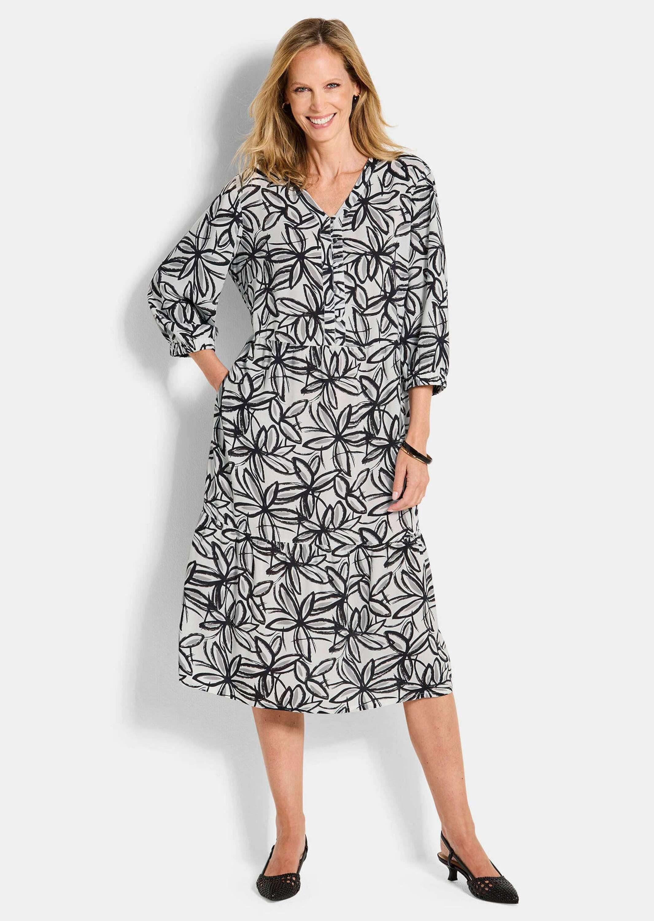 GOLDNER Druckkleid Kurzgröße: Viskosekleid mit floralem Muster Midikleid mit V-Ausschnitt, Knopfleiste, Knielänge und 3/4-Arm
