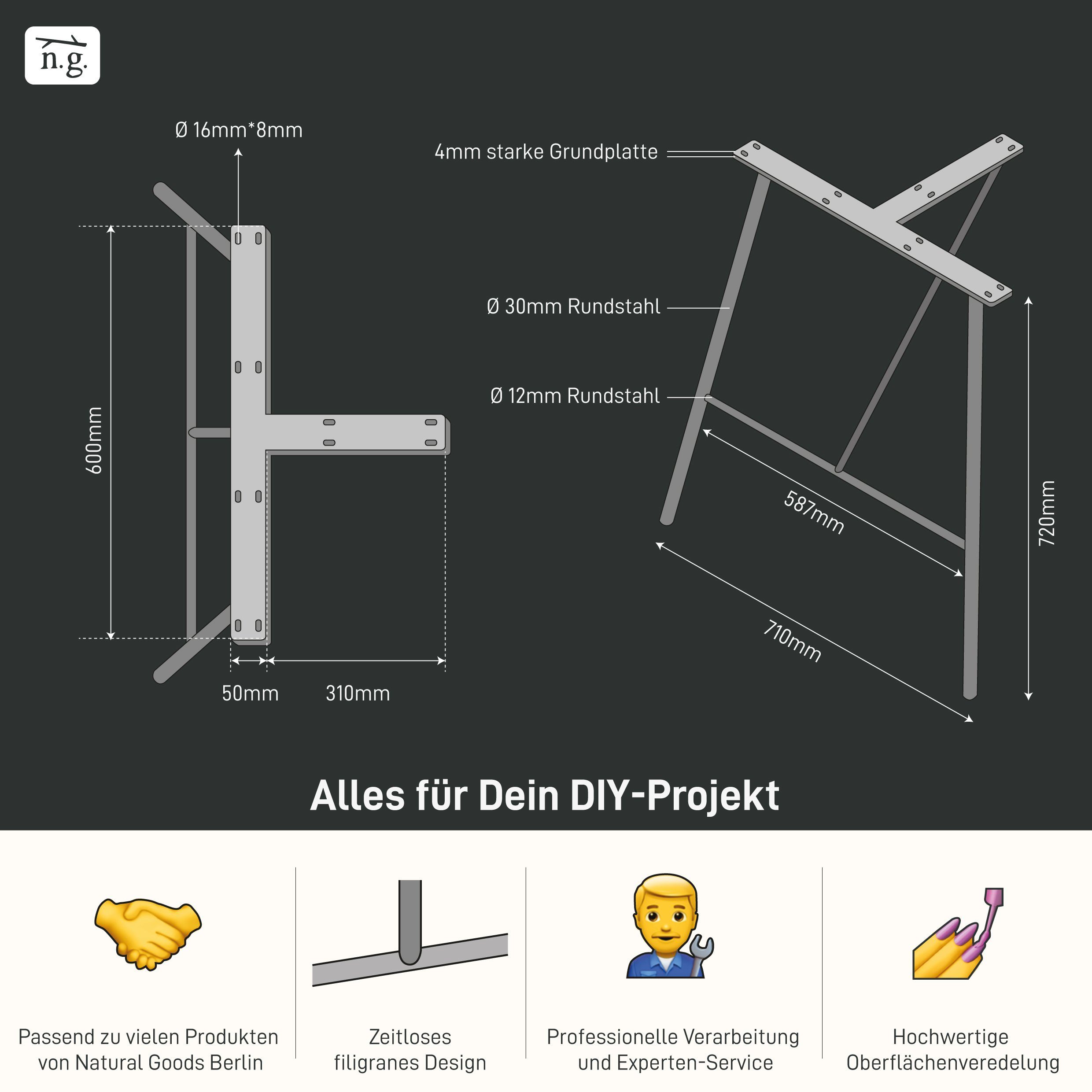 Möbelbeine, FILIGREE, Goods Schwarz Stahl, B71 sehr H72cm, x Natural Massiv, Tischbein Berlin belastbar, Tischgestell,