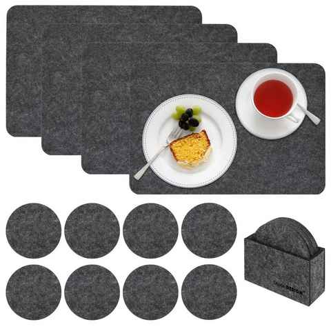 Platzset, 4 Filz Platzsets 43x30x0,5cm + 8 Filz-Untersetzer, DuneDesign, Runde Bierdeckel in Box Grau