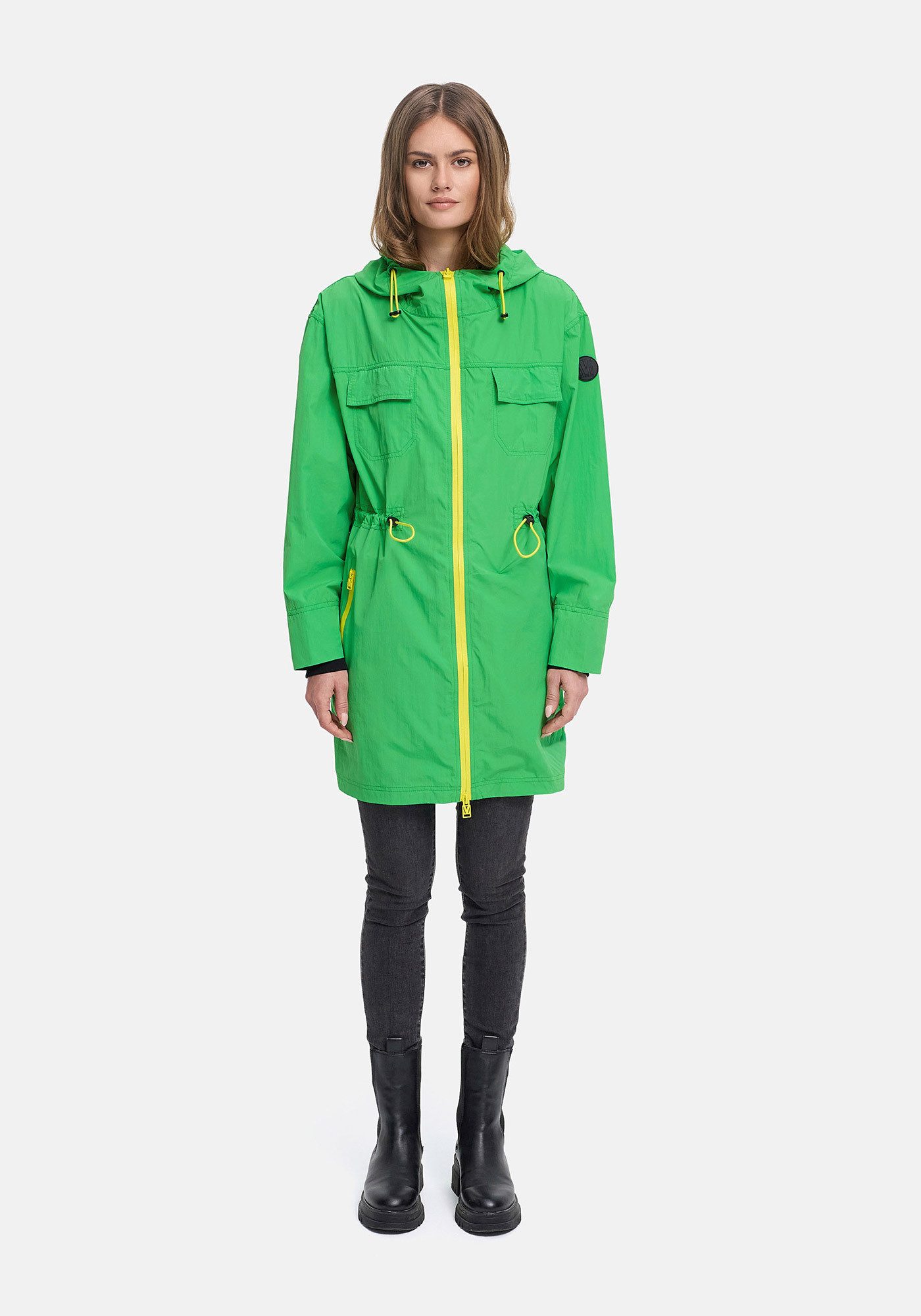 Marikoo Outdoorjacke Trüffelbonbon Langer Windbreaker mit Kordelzug und Kontrastreißverschluss