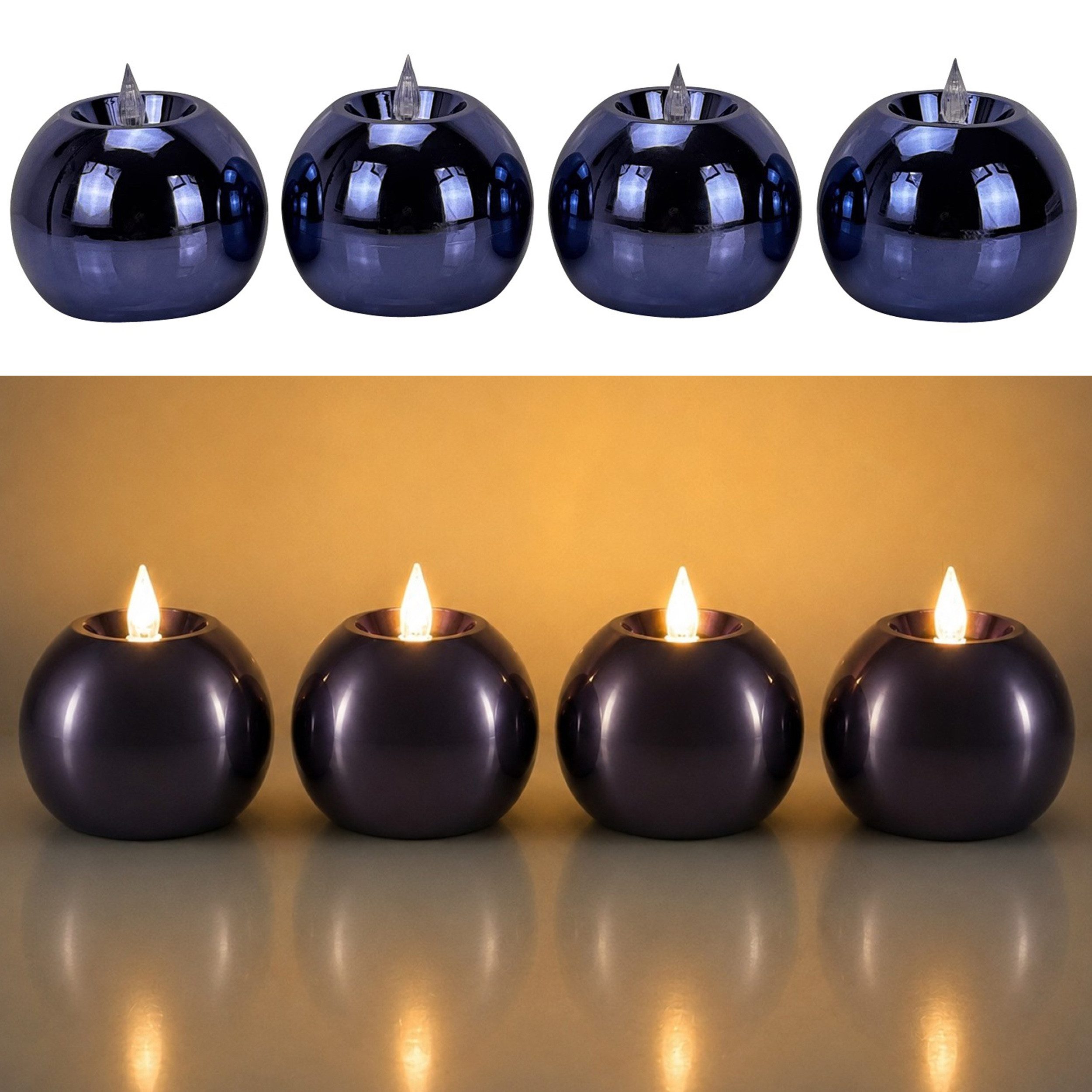 Online-Fuchs LED-Kerze 4 runde Kugelkerzen mit Timer & Spiegeleffekt - Outdoor geeignet, realistische Kerzenflamme aus Acrylglas, warmweiße Beleuchtung, praktische 6-Stunden Timerfunktion enthalten