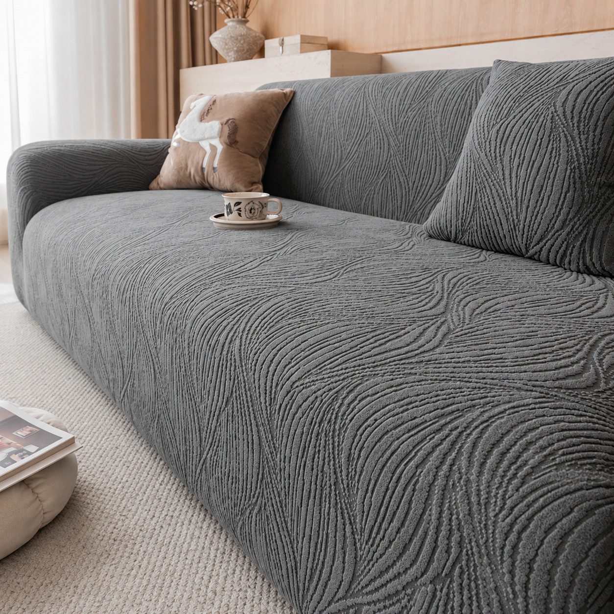 JASLIFE Sofahusse Wellenstruktur, weicher Jacquard-Stoff, elastisch, formstabil und maschinenwaschbar