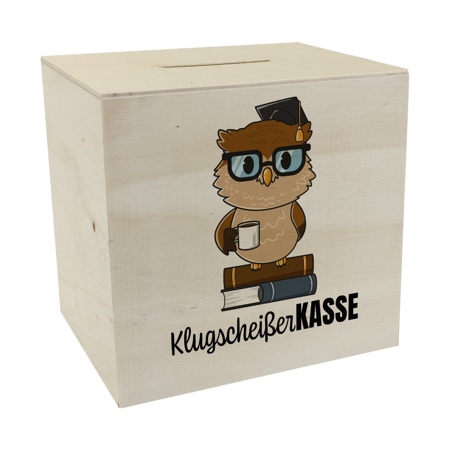 Spardose Eule Spardose aus Holz mit Spruch Klugscheißer-Kasse
