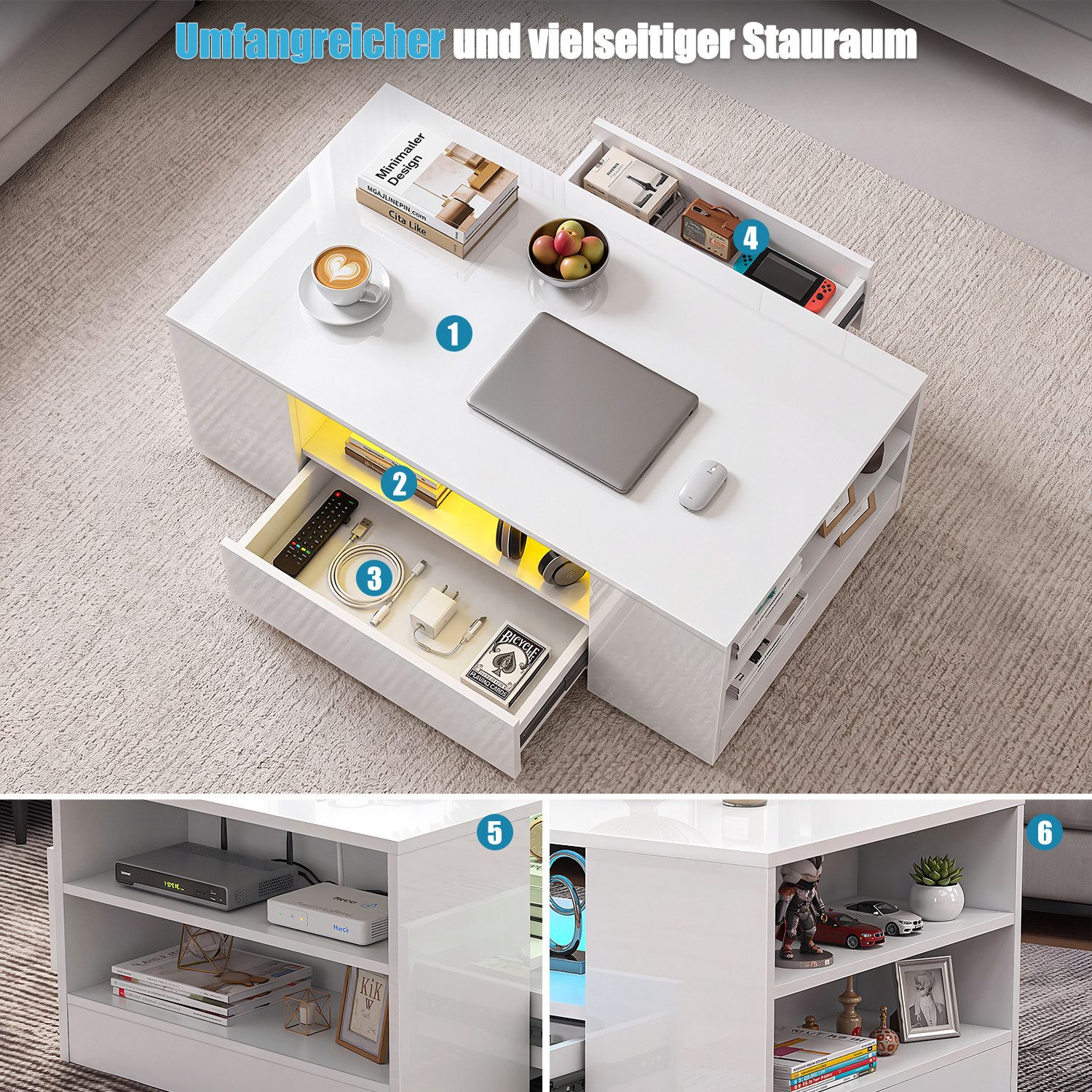 oyajia Couchtisch Hochglanz couchtisch Sofatisch mit LED-Beleuchtung Verstellbare Farben (1-St, Modern Sofatisch Wohnzimmertisch mit 2 Schublade und 2 Regalsofa – Bild 5 von 5