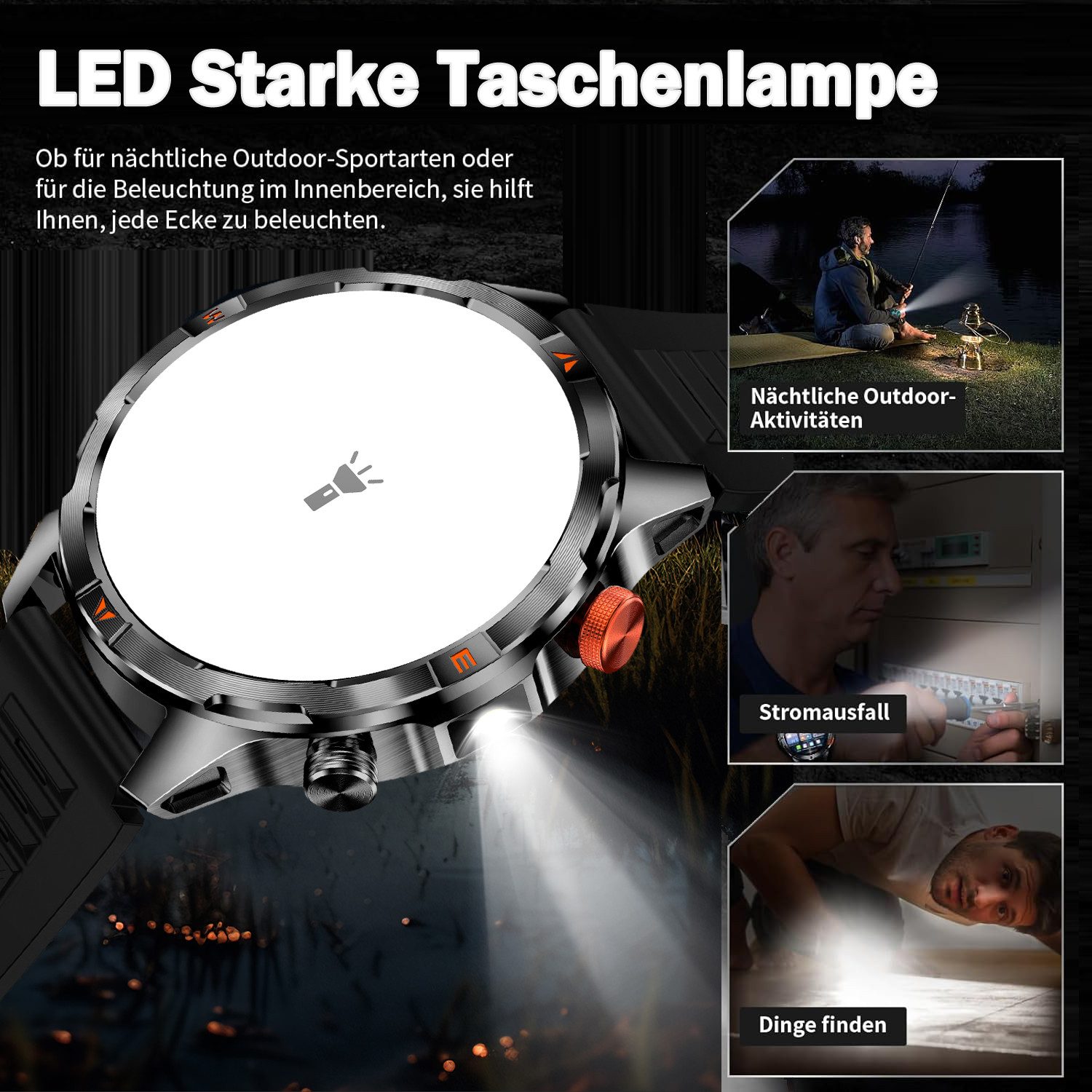 ANYSUN Militär Smartwatch Herren, Outdooruhr mit 1000mAh Smartwatch (1,7 Zoll) LED Taschenlampen, Bluetooth-Anrufe,Kompass,Puls-SpO2-Schlaf-Monitor, 100+ Sportmodi Fitness-Tracker,Schrittzähler IP68, für iOS Android