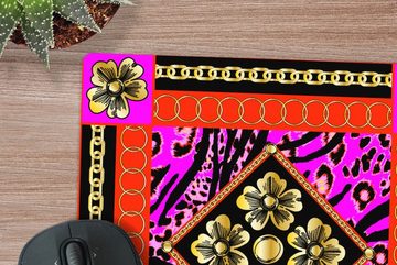 MuchoWow Gaming Mauspad Blumen - Halskette - Pantherdruck - Gold - Muster (1-St), Mousepad mit Rutschfester Unterseite, Gaming, 40x40 cm, XXL, Großes
