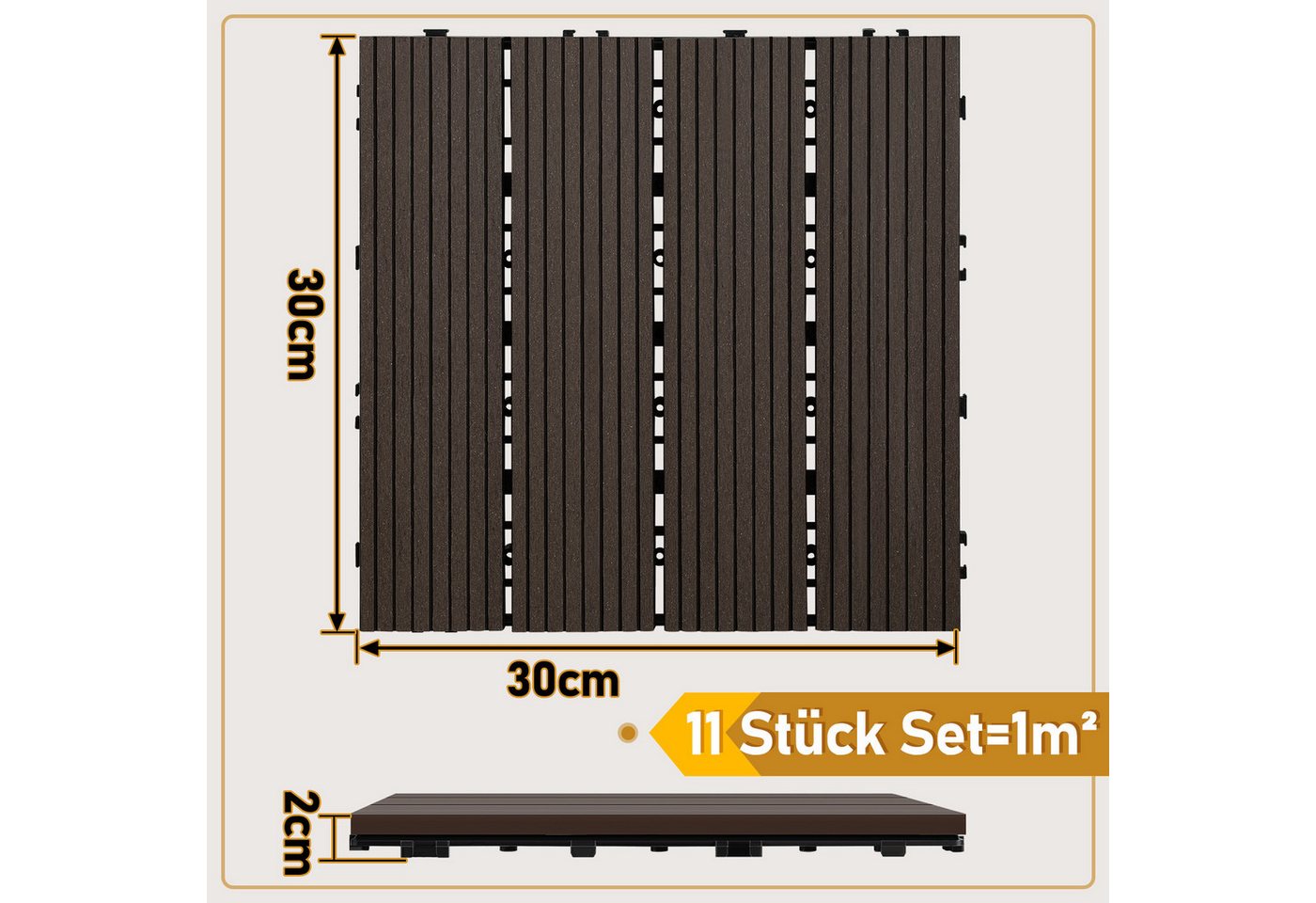 Thumbnail - Clanmacy Holzfliesen WPC Klickfliesen 30x30 cm Dunkelbraun Holzoptik Klicksystem 11x, 11 St.