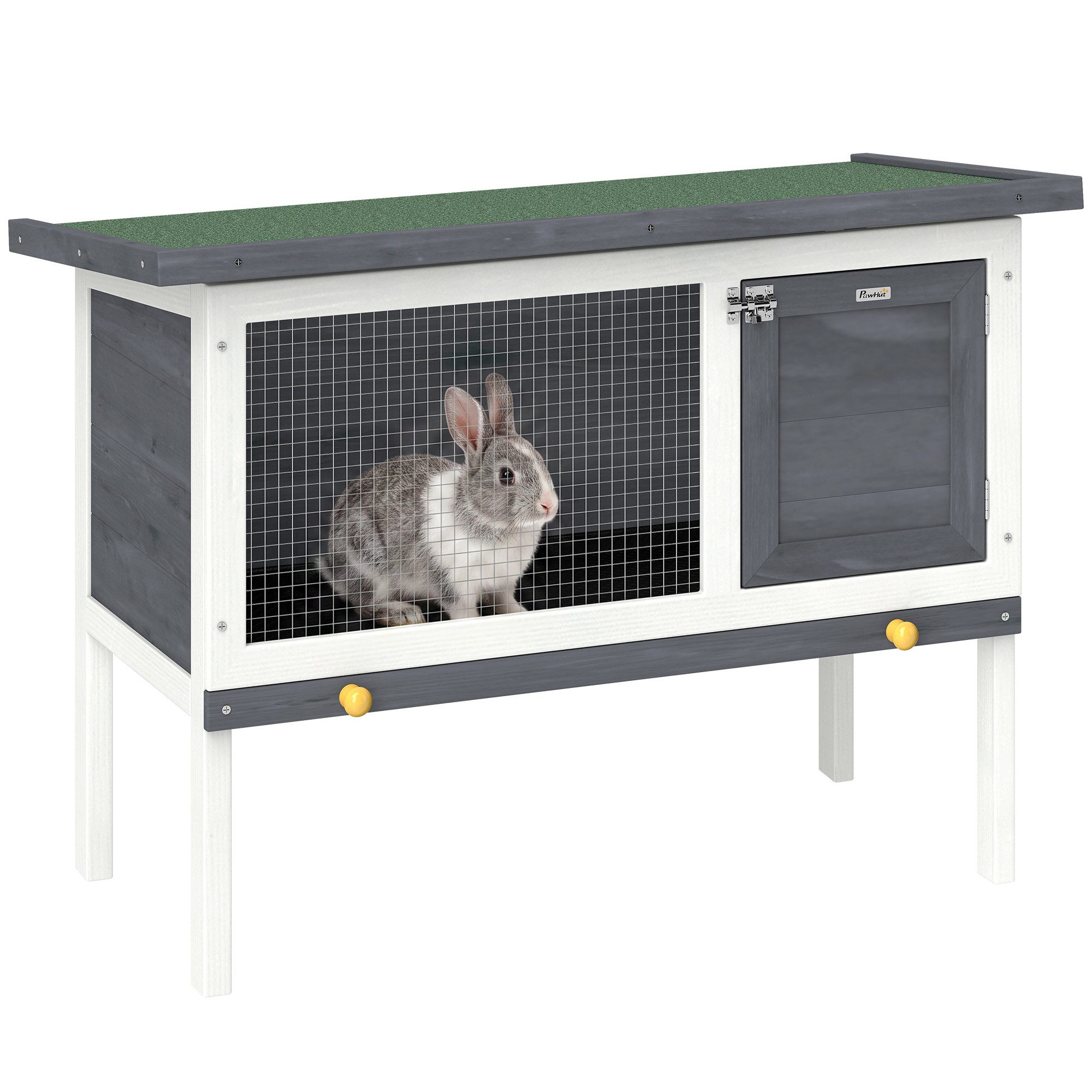 PawHut Kleintierstall erhöht Hasenstall mit aufklappbar Asphaltdach herausziehbar Schublade, aus Holz für Kleintiere Outdoor 90x45x65 cm Grau