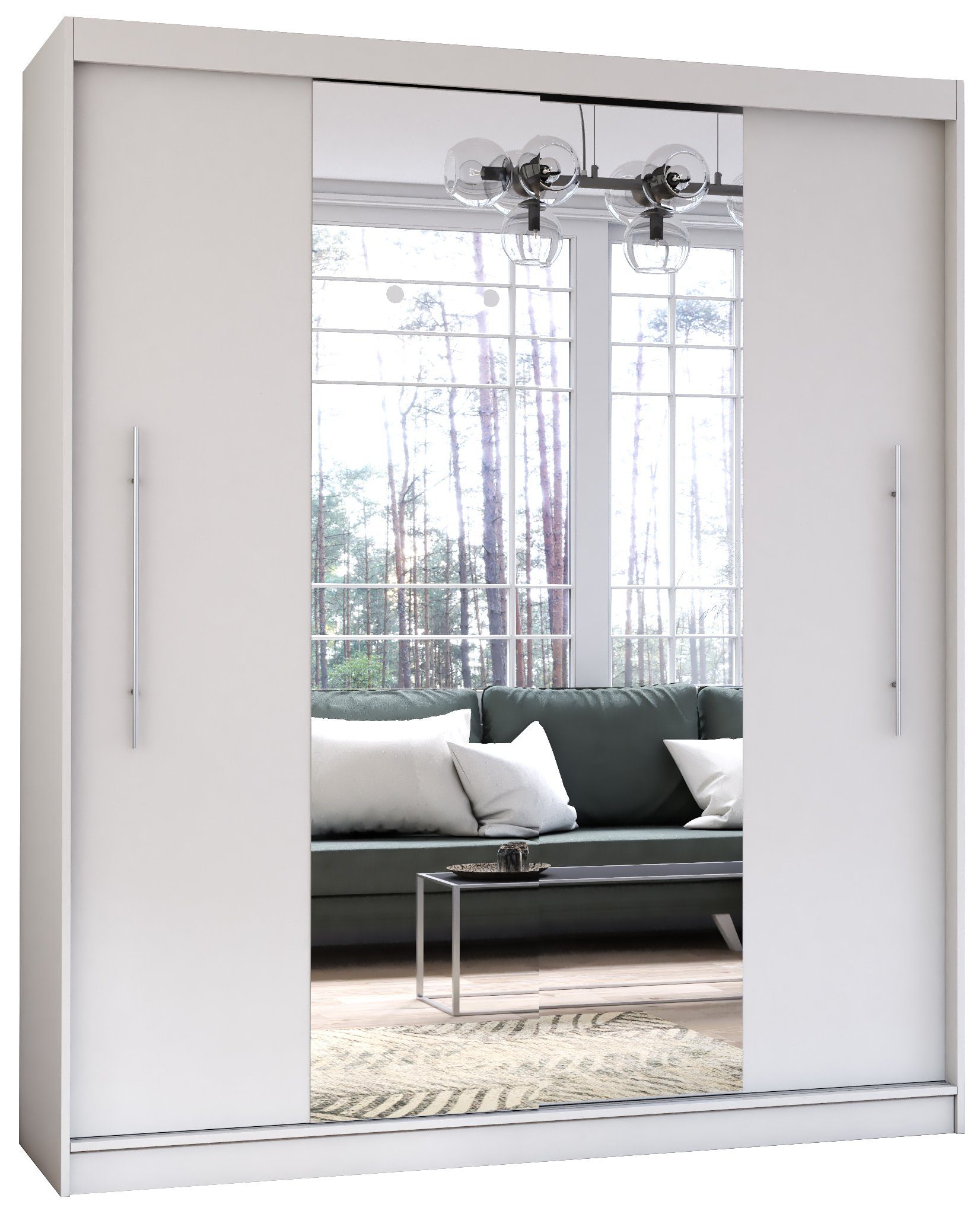 in | Comfort Schwebetürenschrank Home Polini Spiegel 204x218x58 mittig cm weiß Prime Weiß weiß