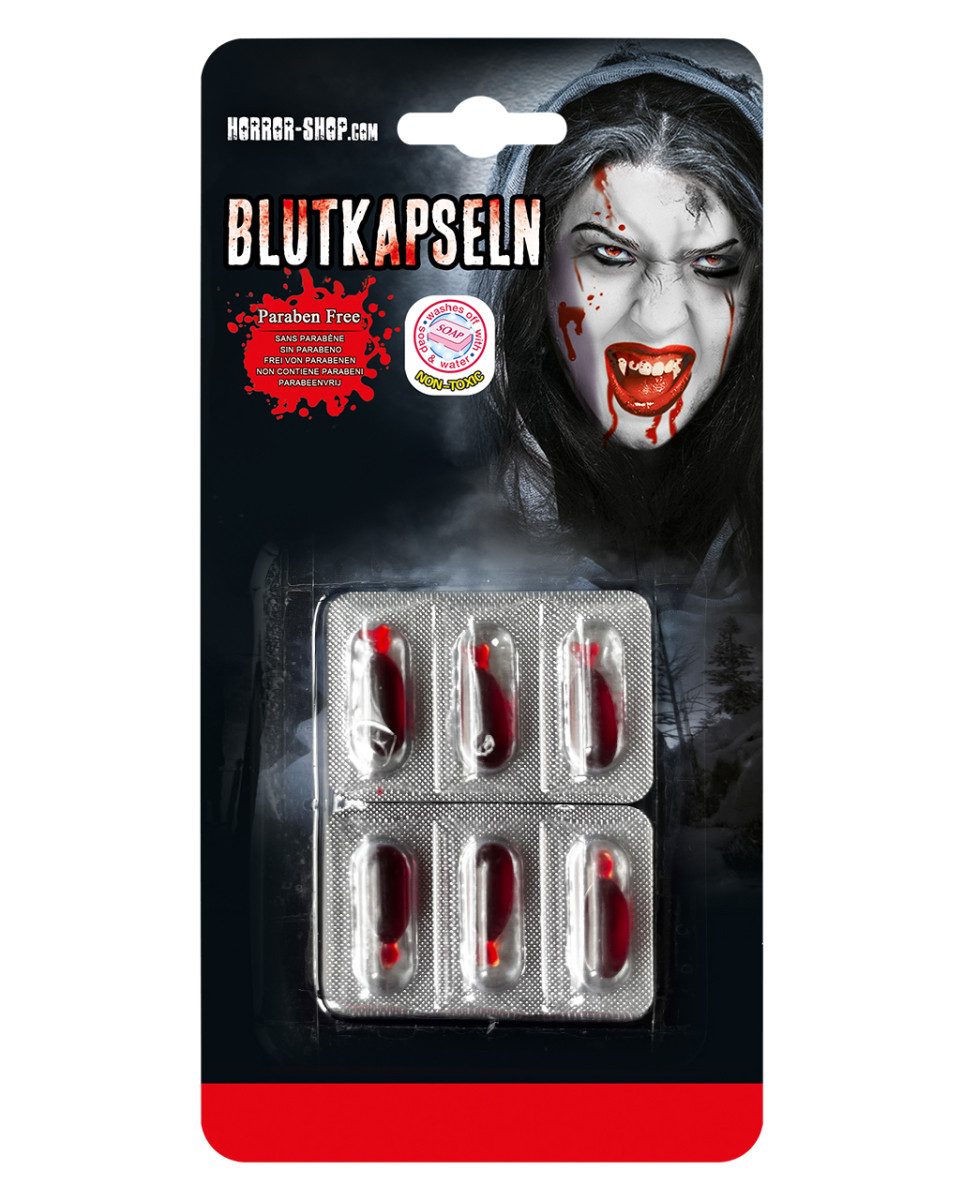 Horror-Shop Vampir-Kostüm Blut Kapseln mit Kunstblut als Make-up Effekt 6 St