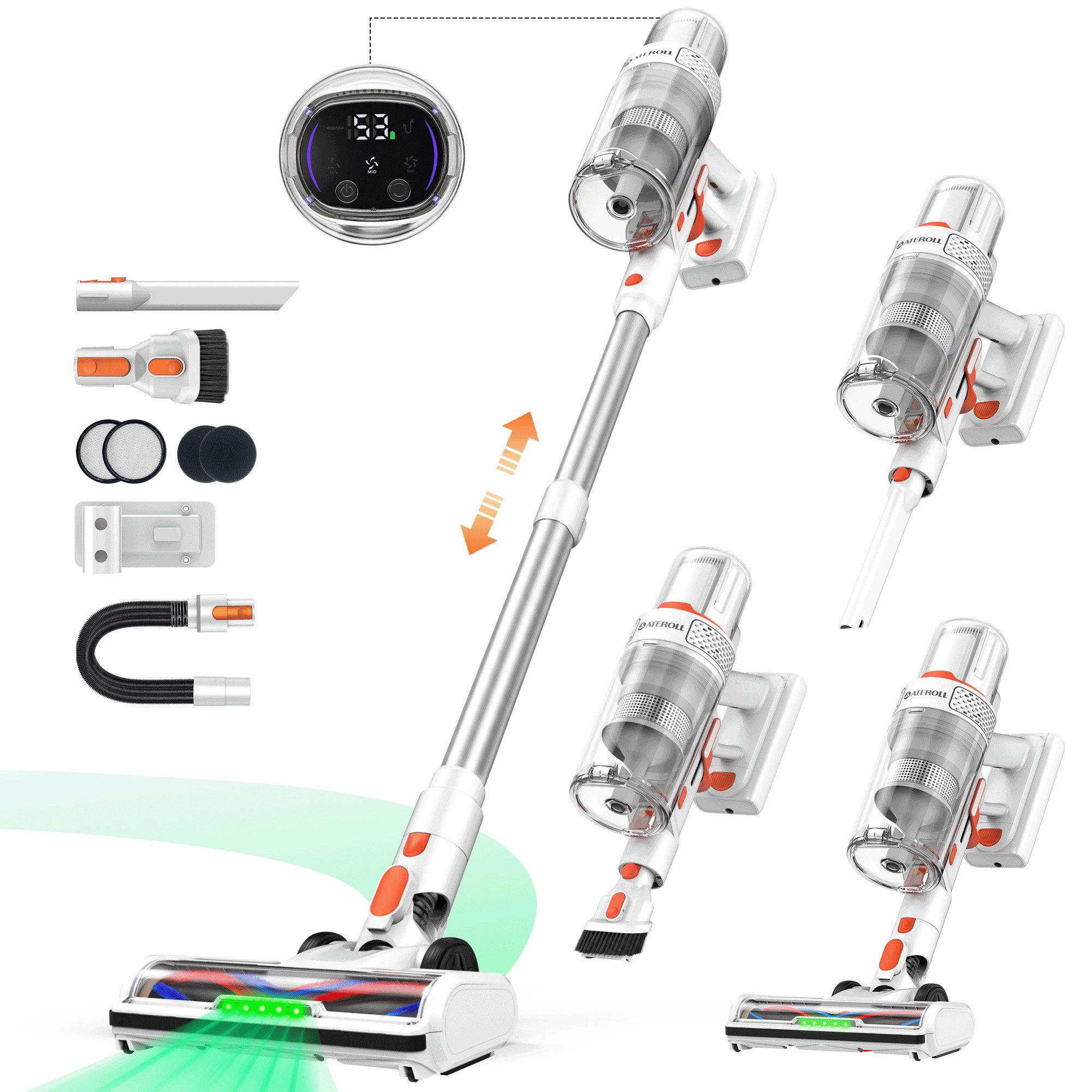 ATEROLL Akku-Hand-und Stielstaubsauger 85.000 Pa,Akku Staubsauger Kabellos,80 Min.Laufzeit Anti-Tangle-Bürste, 680 W, beutellos, H13 HEPA Filter,LED Bodendüse, Handstaubsauger für Tierhaare & Teppich