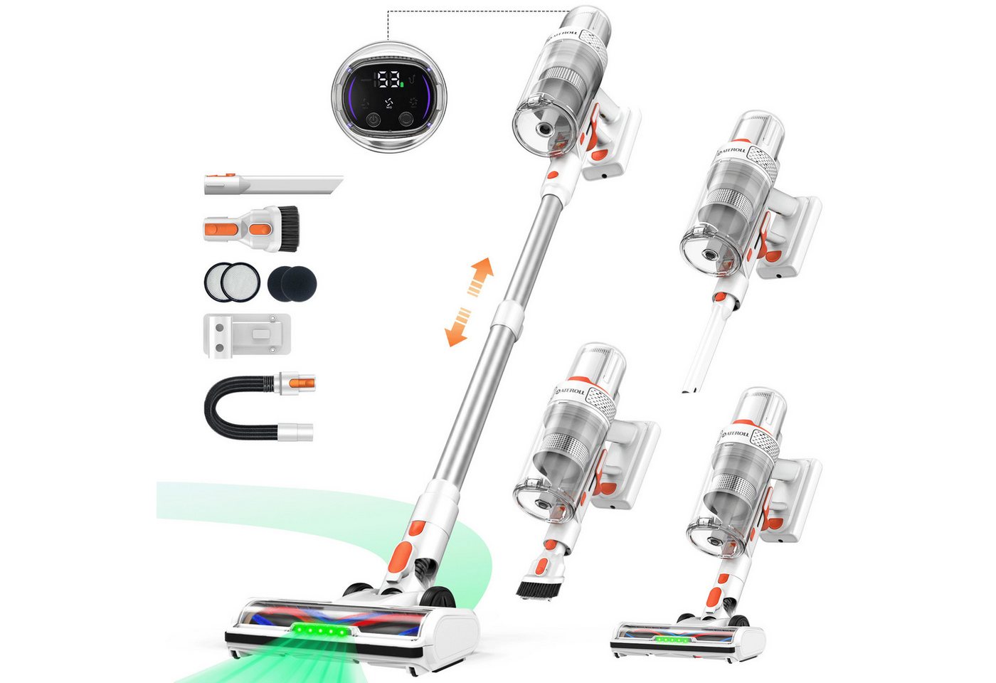 ATEROLL Akku-Hand-und Stielstaubsauger 85.000 Pa,Akku Staubsauger Kabellos,80 Min.Laufzeit Anti-Tangle-Bürste, 680 W, beutellos, H13 HEPA Filter,LED Bodendüse, Handstaubsauger für Tierhaare & Teppich