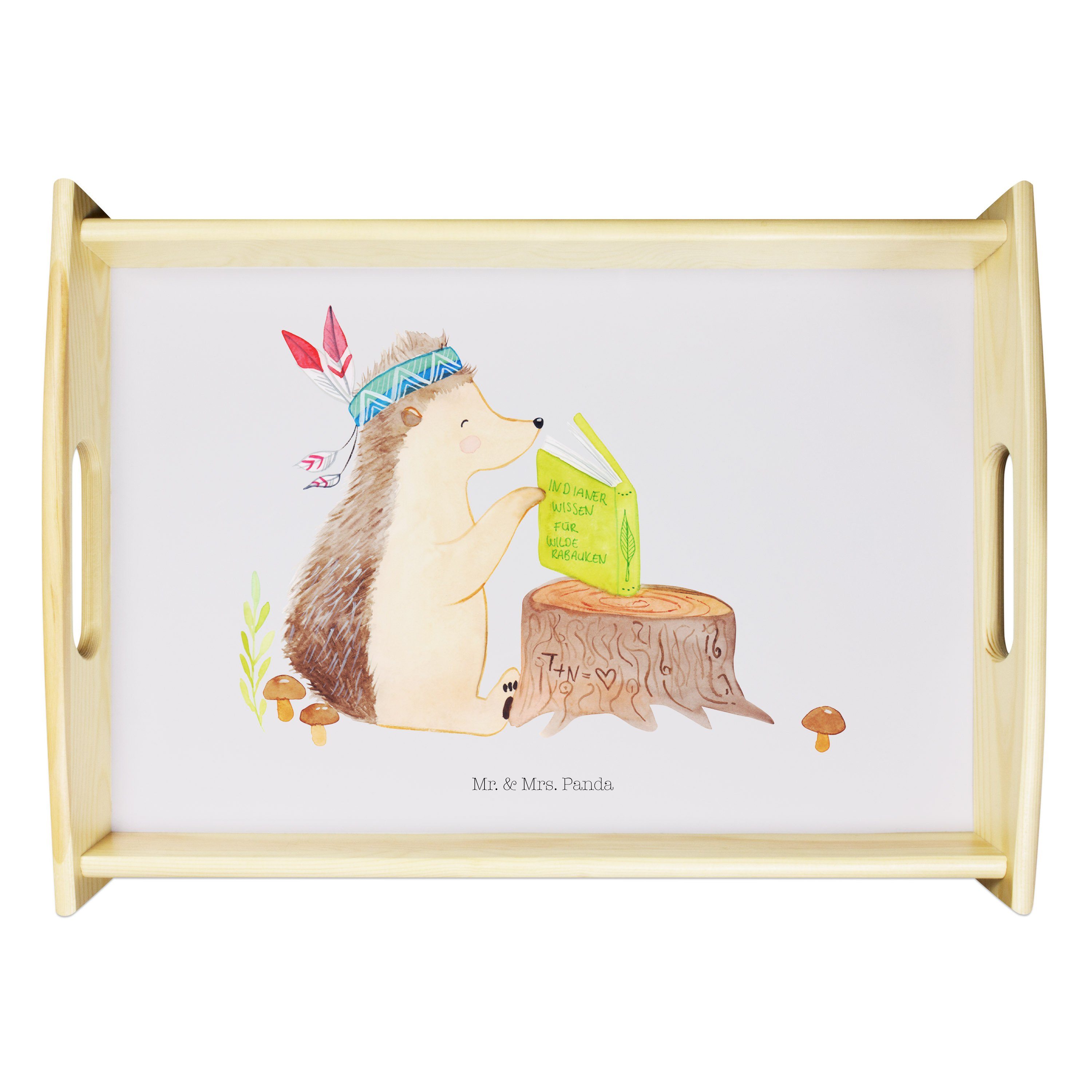 Mr. & Mrs. Panda Tablett Igel mit Federkopfschmuck - Grau Pastell - Geschenk, Camping, Frühstü, Echtholz lasiert, (1-tlg)