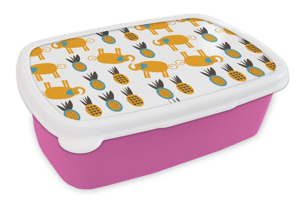 MuchoWow Lunchbox Elefant - Ananas - Gelb - Muster, Kunststoff, (2-tlg), Brotbox für Erwachsene, Brotdose Kinder, Snackbox, Mädchen, Kunststoff rosa