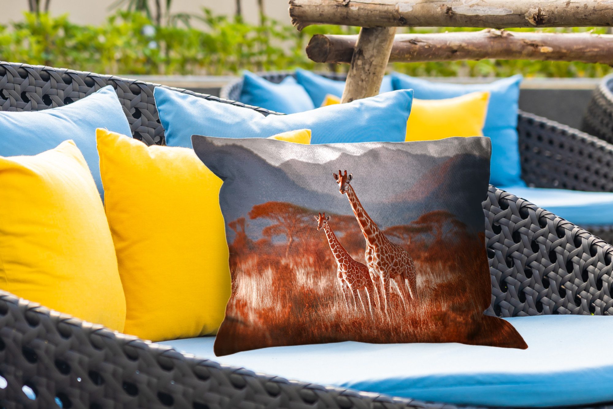MuchoWow Dekokissen Giraffen - Hohes Gras - Akazienbäume, Outdoor-Dekorationskissen, Kissen, Kissenbezug, 50x30 cm
