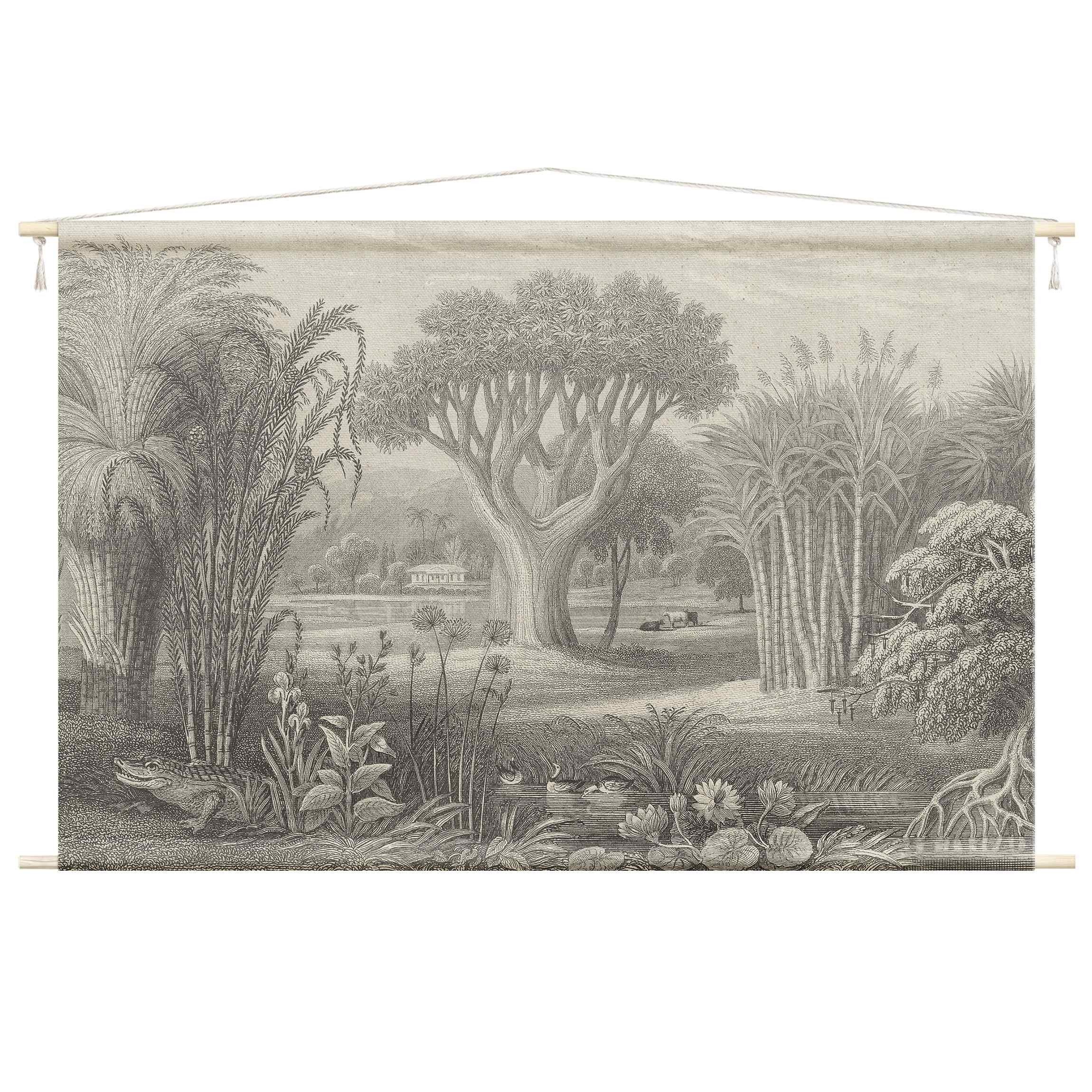 Bilderdepot24 Wandteppich modern Wald Tropisch Natur Vintage grau, rechteckig, Höhe: 2.6 mm, großes Wandbild aus Natur-Baumwolle Wandbehang Stoffbild Tuch Wollseil