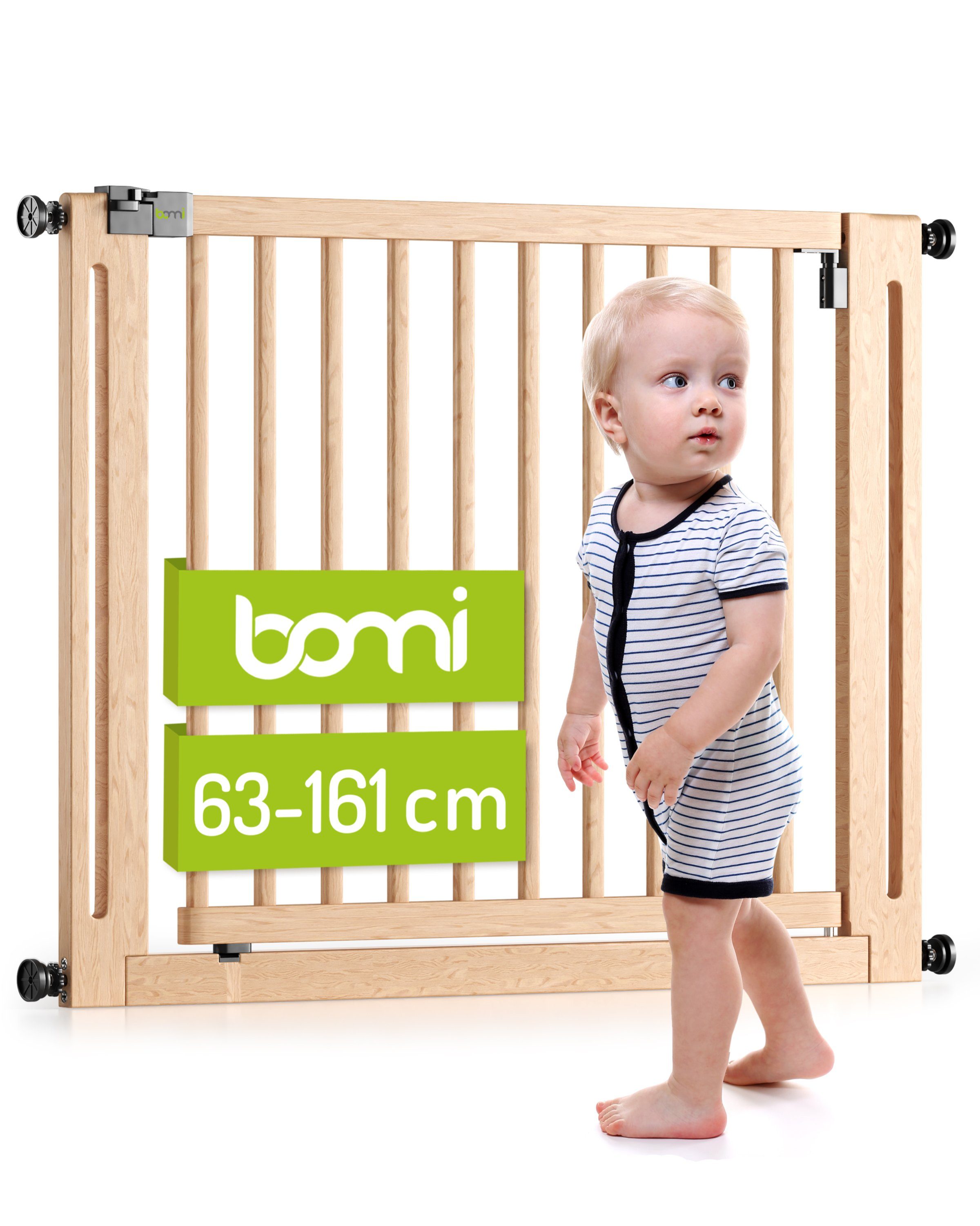 BOMI Türschutzgitter Kinderschutzgitter Miko 63-161 cm, Babygitter Ohne Bohren - 90 Grad Feststellfunktion der Tür 79-87 cm