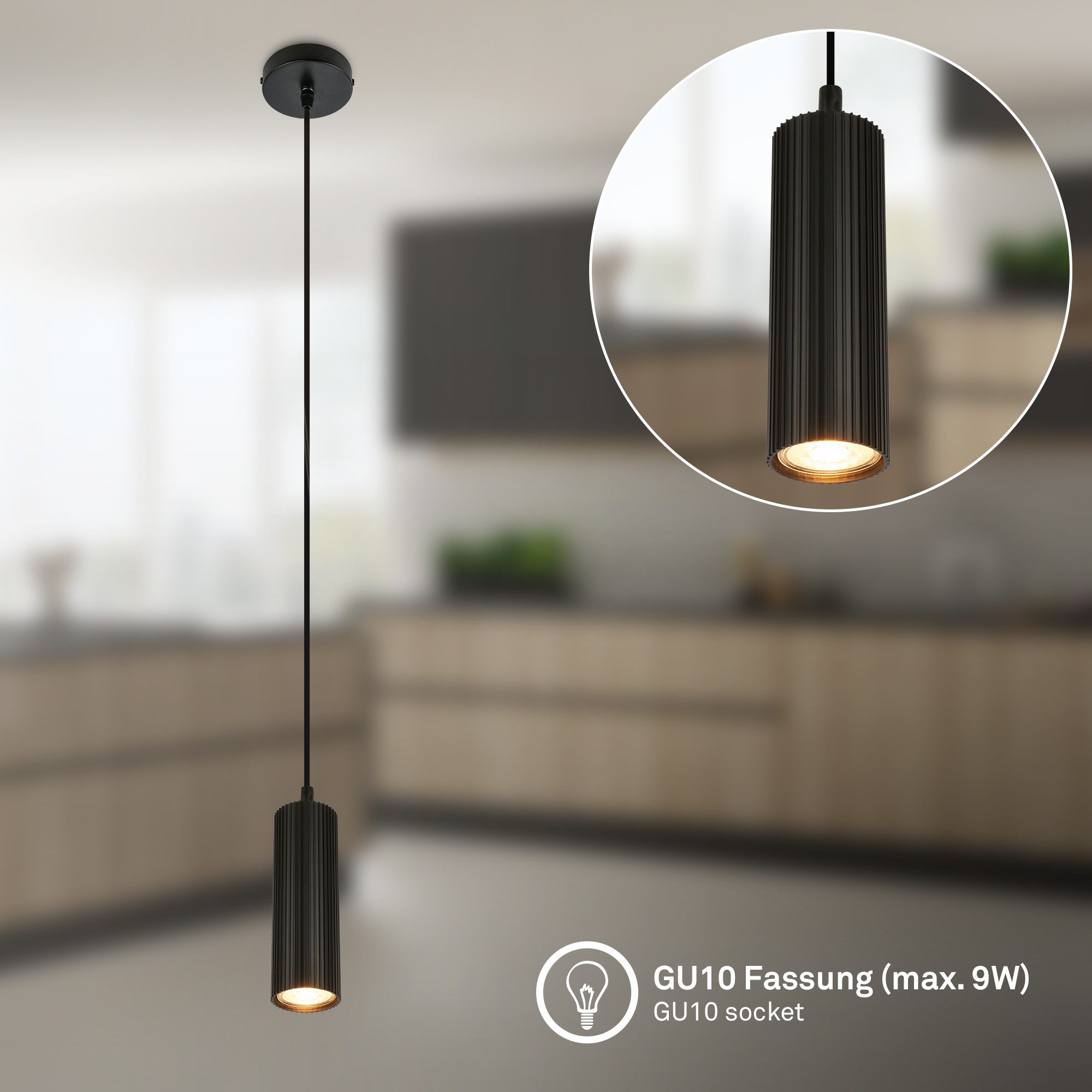 Briloner Leuchten LED Pendelleuchte Hängelampe Höhenverstellbar GU10 Riffle-Optik, 1-Flammig, ohne Leuchtmittel, Abhängig vom Leuchtmittel, 20x120 cm, Esszimmer, Esstisch, Wohnzimmer