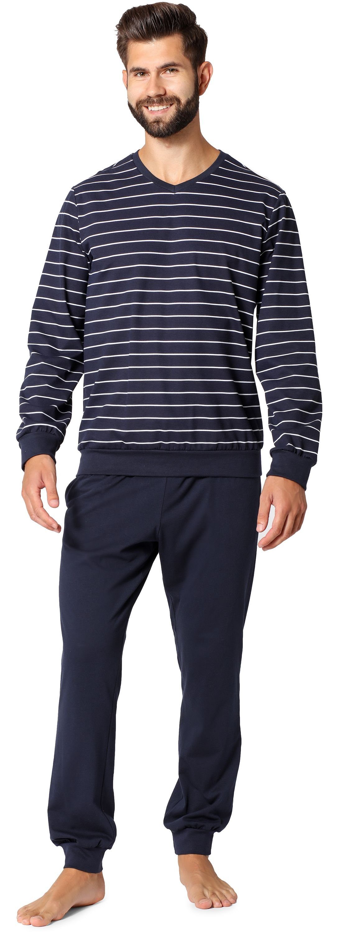 LA40-220 Schlafanzug Baumwolle Herren Marineblau Schlafanzug Weiß Ladeheid aus