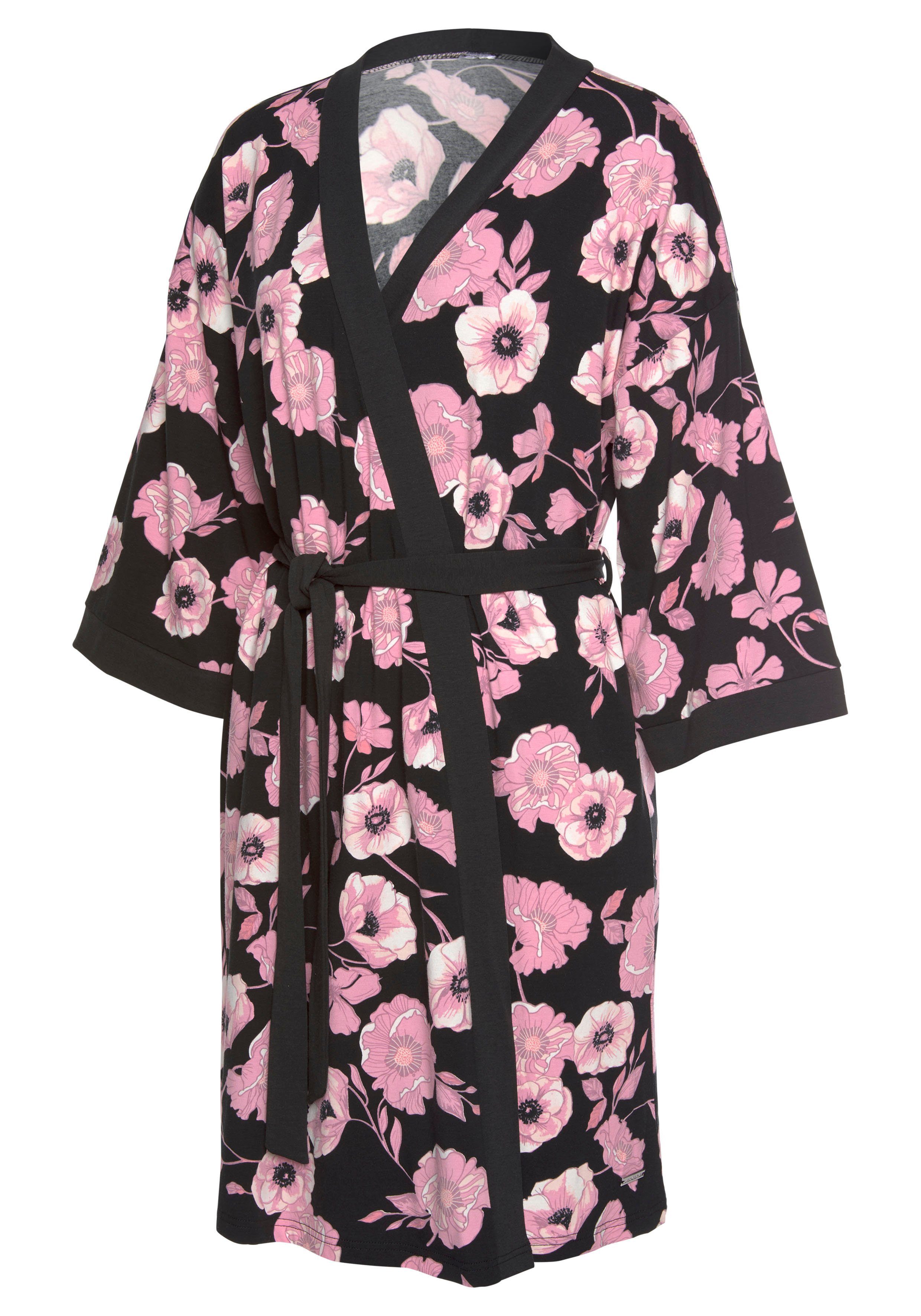 und mit Kimono, Ärmeln Bindeband LASCANA Baumwoll-Mix, Gürtel, rosa-schwarz-gemustert weiten Kurzform,