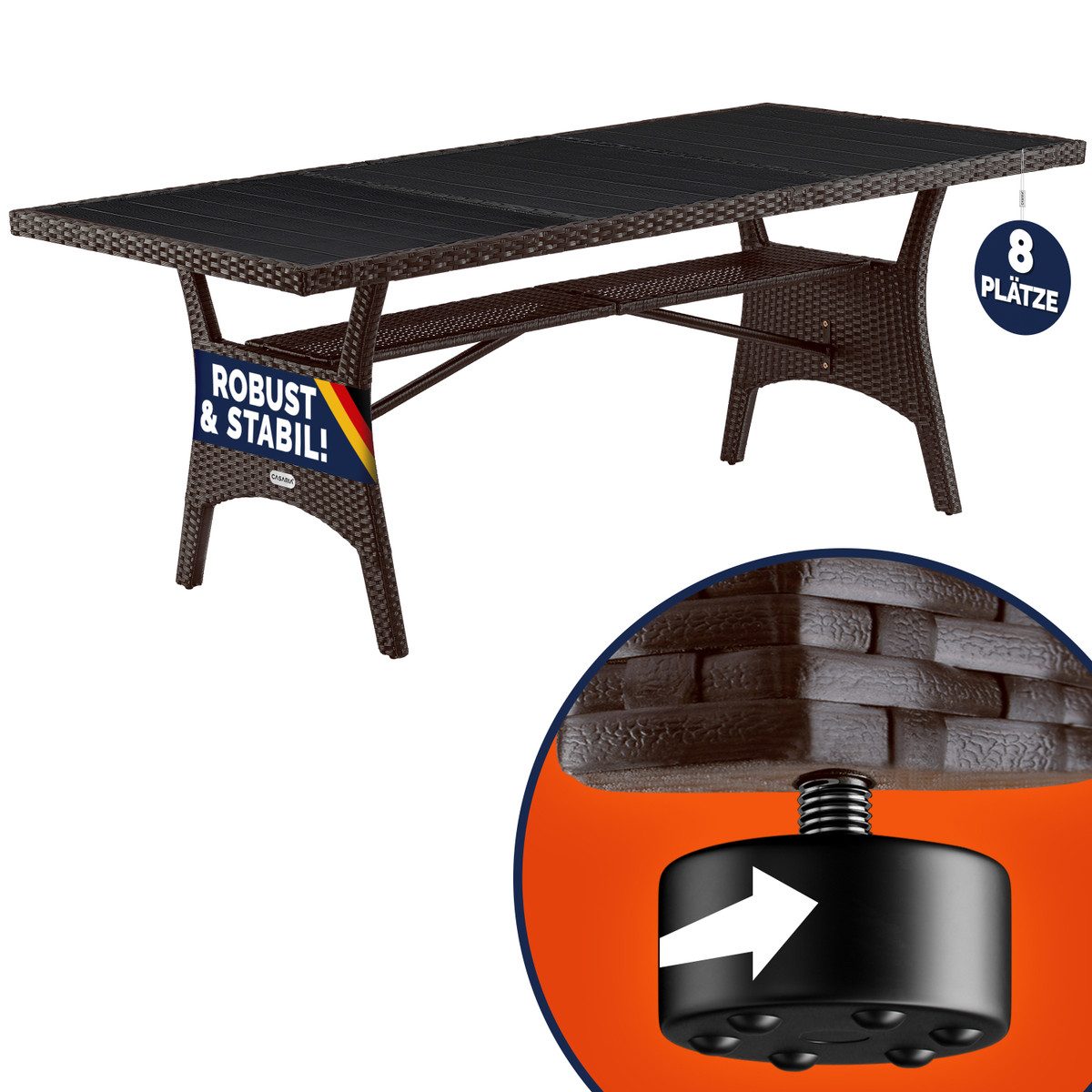 Casaria Gartentisch (1-St), Wetterfest 190x90x75cm WPC Tischplatte Polyrattan inkl. Ablage