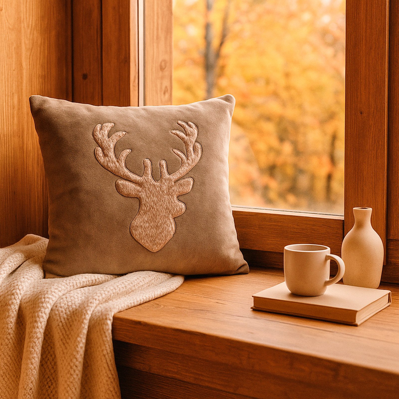 heimtexland Dekokissen Flanell Kuschelkissen Hirsch Landhaus Kissen Fell, verdeckter Reißverschluss, weich und flauschig