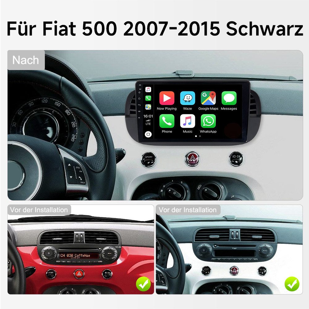 A-Sure 9" DAB+ Für Für Fiat 500 2007-2015 Android 15 Carplay GPS RDS NAVI Autoradio (Digitalradio (DAB), Carplay Android Auto Bluetooth EQ USB GPS Navi WIFI Touchscreen)