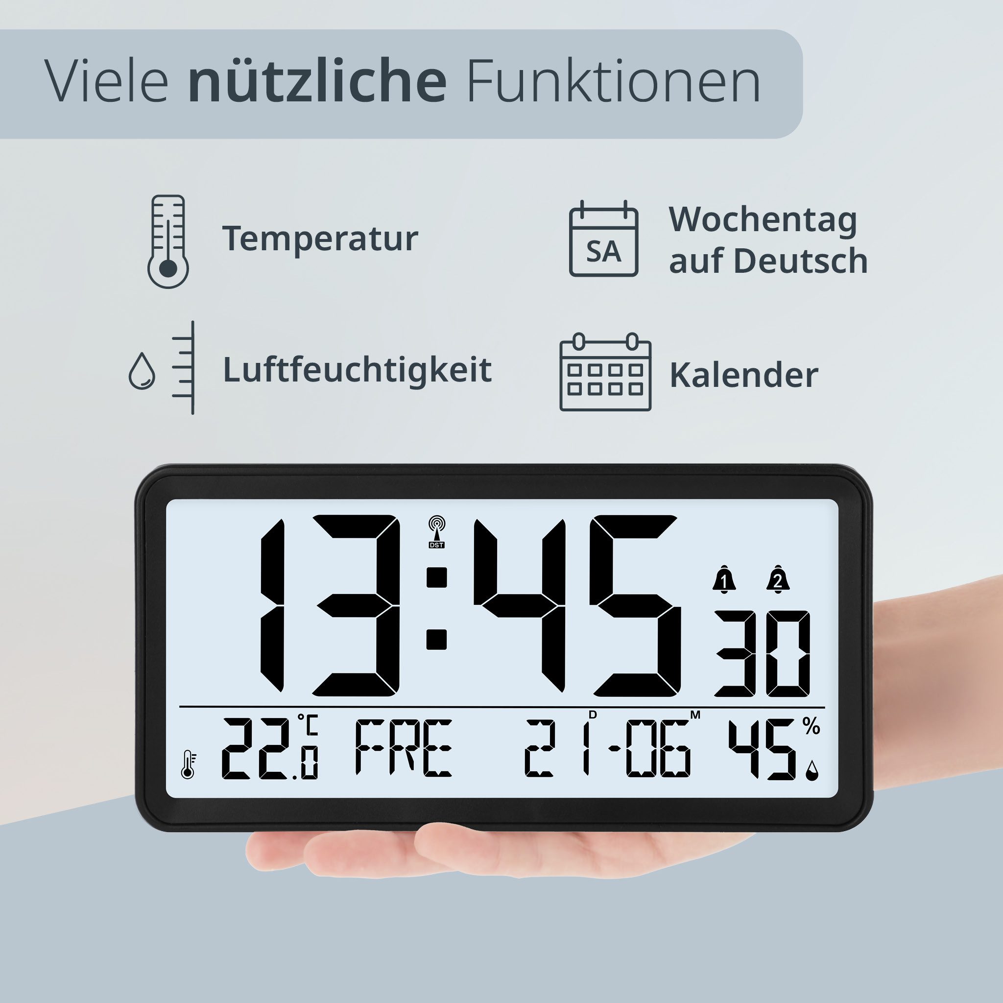 ADE Funktischuhr XXL, digital mit extra großen Ziffern, zum Aufstellen und Aufhängen, Funkwecker mit Thermometer, Hygrometer, 2 Weckzeiten