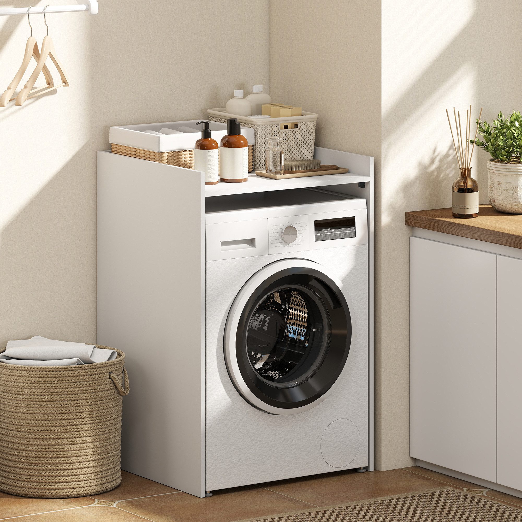 HOMCOM Waschmaschinenumbauschrank Badschrank mit offenem Regal, Überbauschrank für Toilette (Badezimmerschrank, 1-St., Aufbewahrungsschrank) Waschmaschinenschrank mit Arbeitsplatte