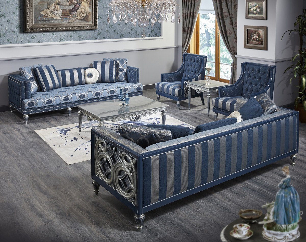gestreift - Chesterfield Sofa Blau Chesterfield-Sofa 250 x 85 H. Barockstil Luxus Casa Wohnzimmermöbel cm 92 Silber im x / Barock Padrino