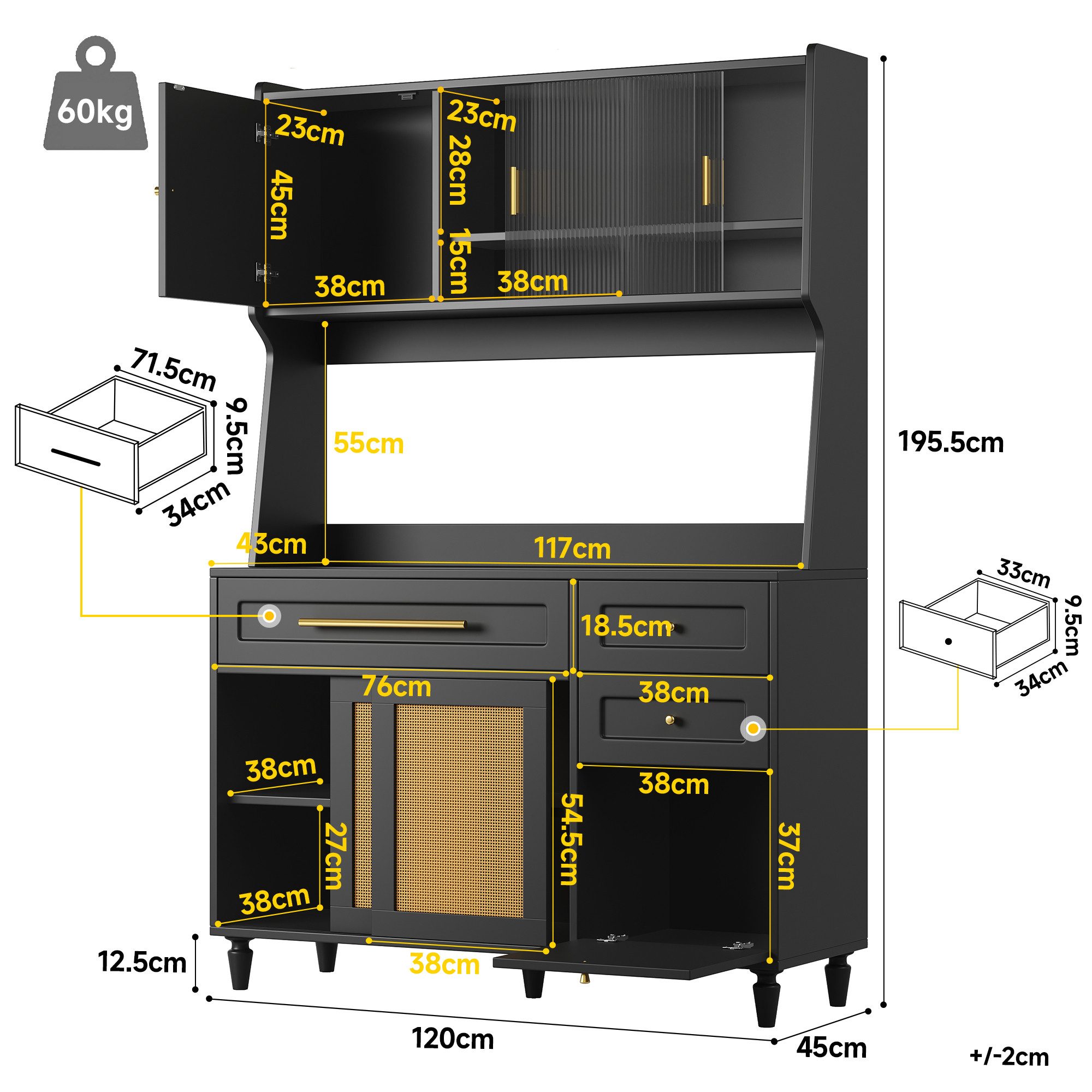 Flieks kitchen buffet with LED lighting, drawers, glass and rattan sliding doors (1 piece, W120/D45/H195.5 cm) Tall cabinet, kitchen cabinet, china cabinet with adjustable shelves