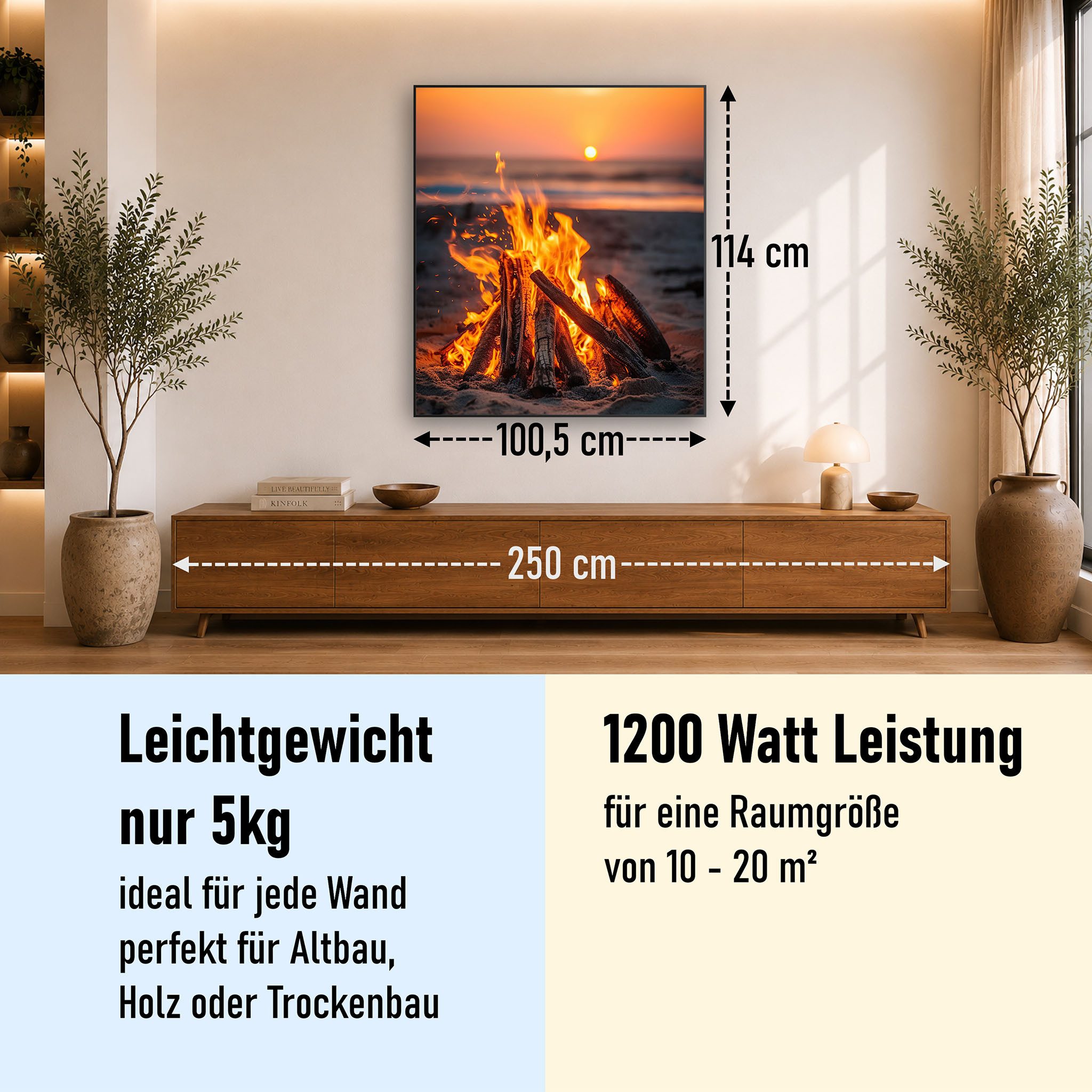 STEINFELD Heizsysteme Infrarotheizung Bild 1200W, 114x100cm, Made in Germany, 7 Jahre Garantie, mit Thermostat, Schwarz