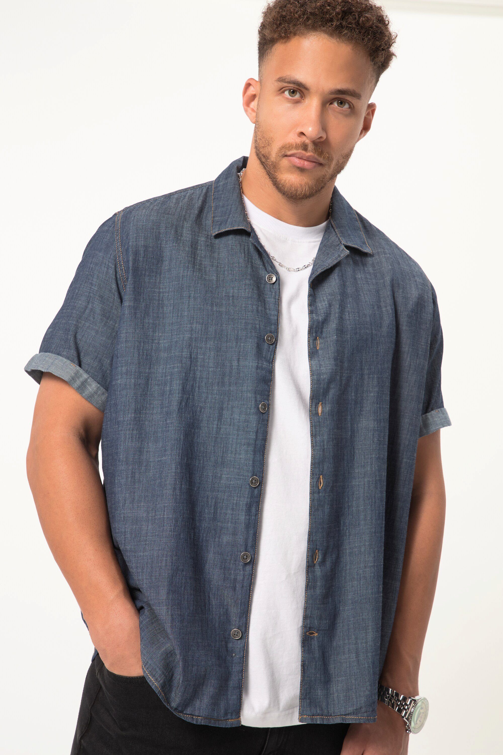 STHUGE Kurzarmhemd STHUGE Jeans-Hemd Halbarm Cuba-Fit Cuba-Kragen