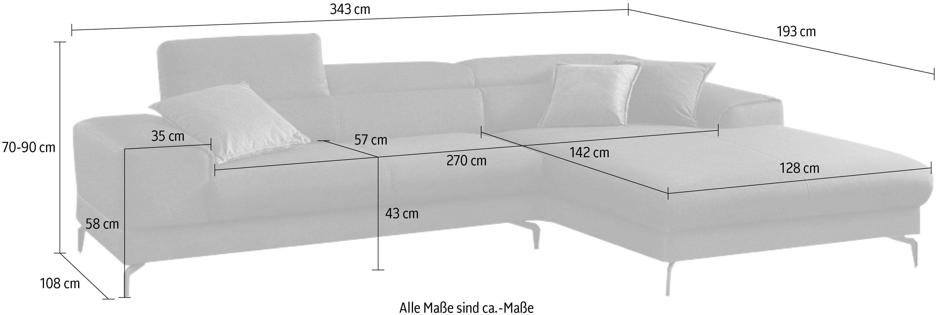 Ecksofa 343cm Kopfteilverstellung, Sitztiefenverstellung, W.SCHILLIG wahlweise mit piedroo, Breite