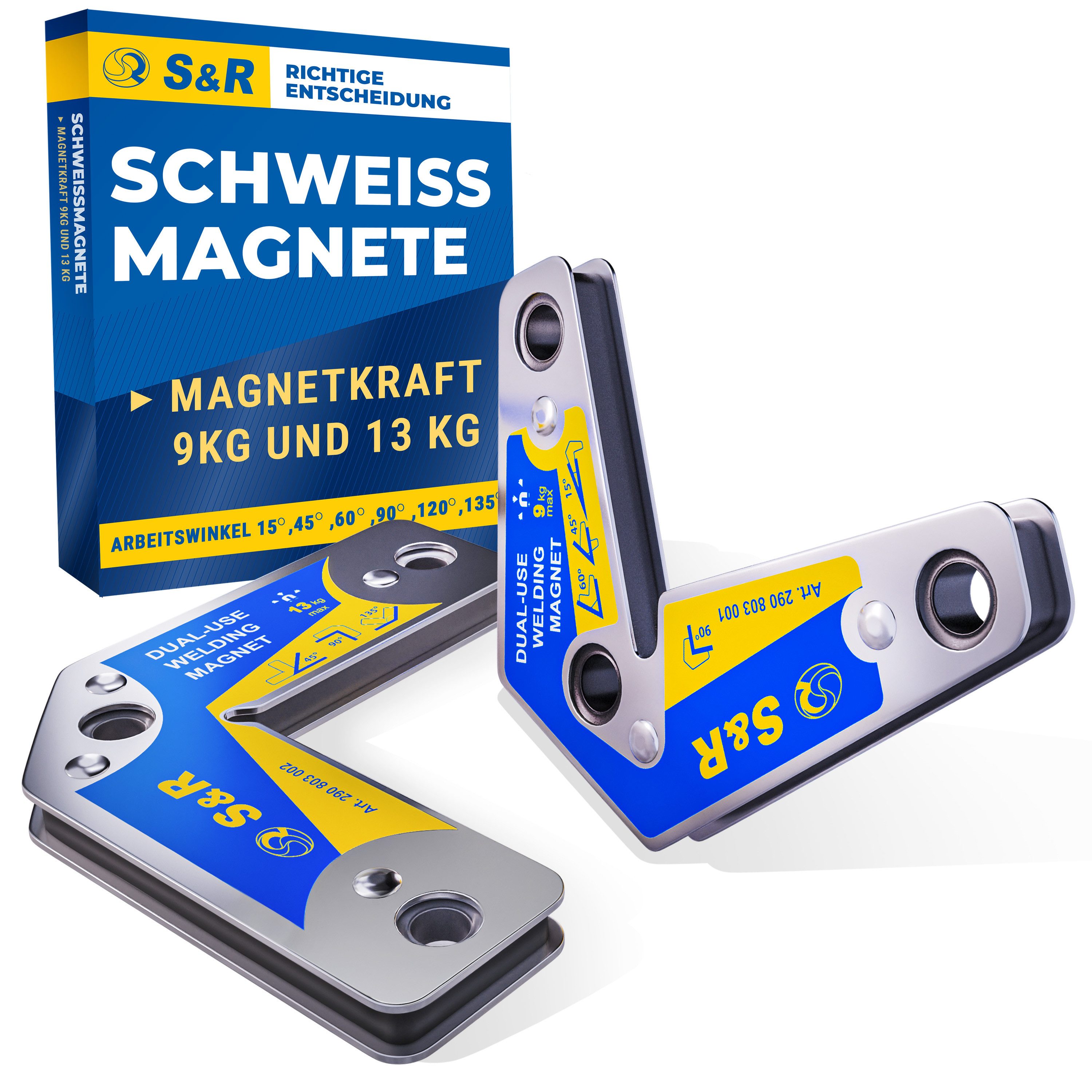 S&R Magnet-Schweißwinkel Schweißmagnet, Montagehelfer Winkelmagnet mit hoher Haltekraft, (Set, 2-St., 2 teilig : mit Zugkraft 9 Kg und 13 Kg), Schweißwinkel 15° 45° 60° 90° 120° 135° 165°
