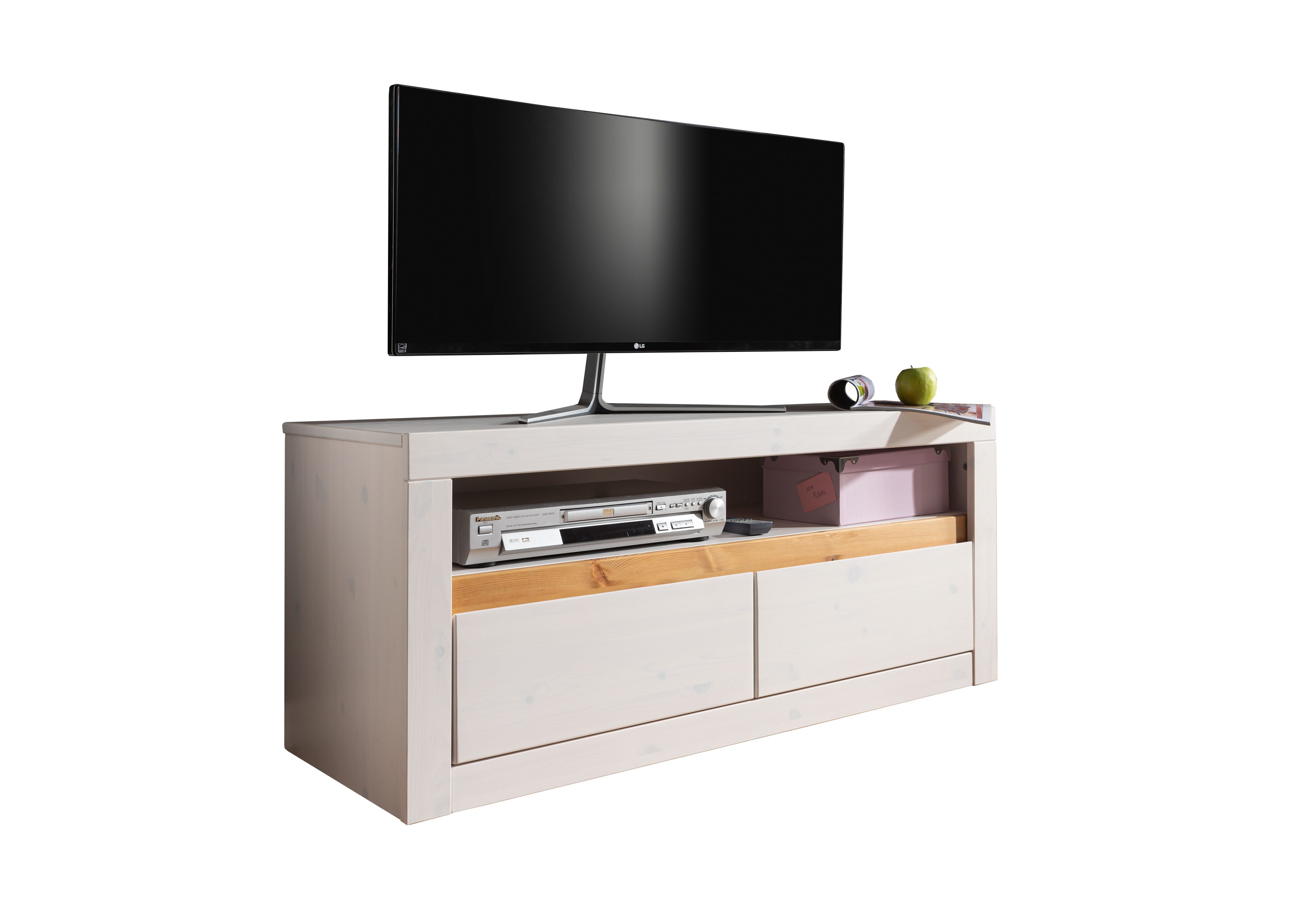 Woodroom Lowboard Weimar (Kiefer massiv weiß gewachst, mit 2 Schubladen), Fernsehschrank, Lowboard, TV-Board, Wohnzimmerschrank