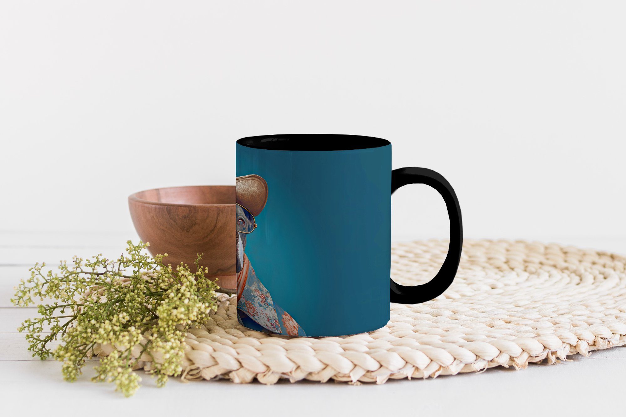 Keramik, MuchoWow Kaffeetassen, Zaubertasse, Blumen - Teetasse, Farbwechsel, - Hut Geschenk Jacke Blau, Hund - - Tasse