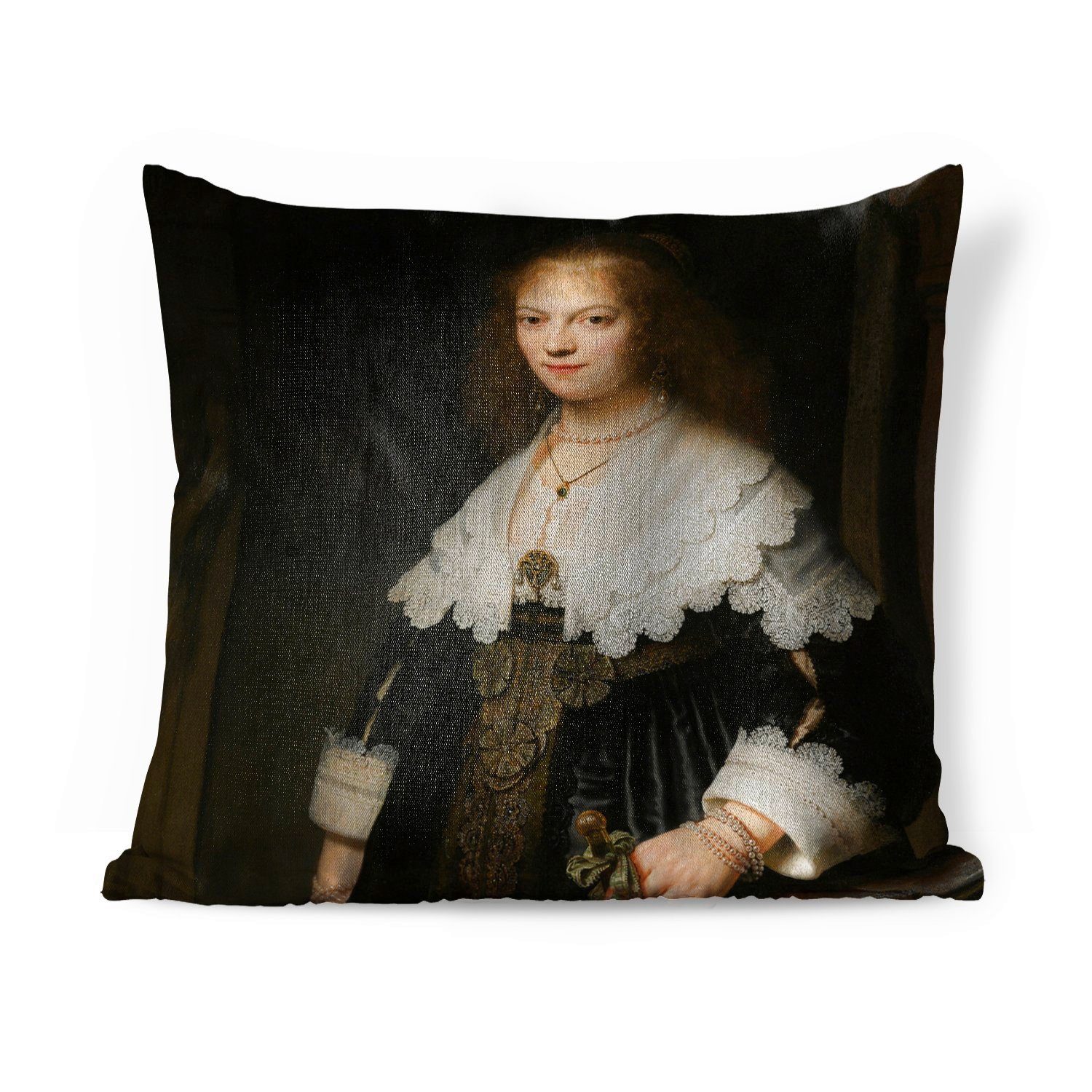 MuchoWow Dekokissen Porträt einer Frau, möglicherweise Maria Trip - Gemälde von Rembrandt, Zierkissen mit Füllung für Wohzimmer, Schlafzimmer, Deko, Sofakissen