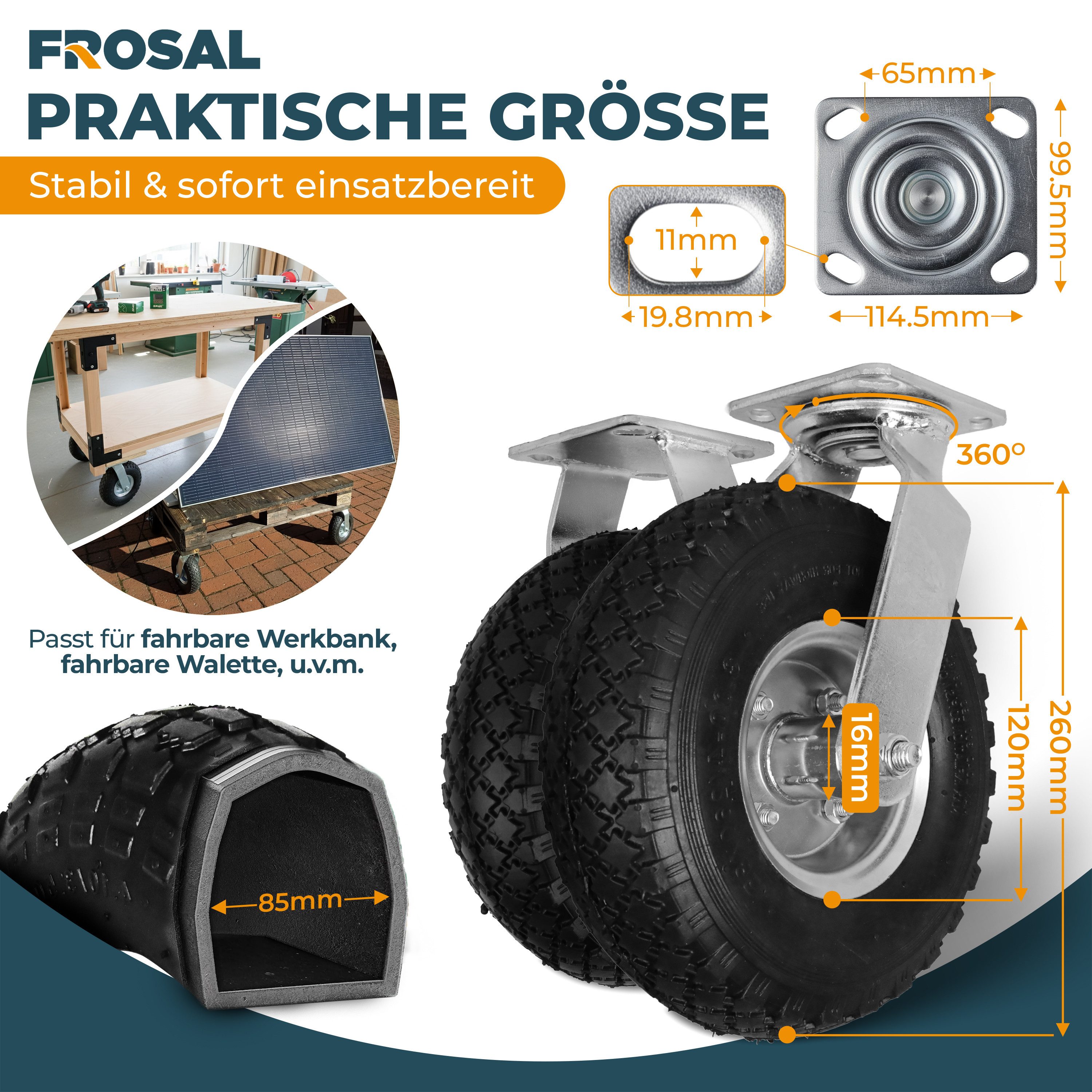 Frosal Lenkrolle 2 x FROSAL Bockrolle + 2 x Lenkrolle Set Ø 260 x 85 mm 4-tlg. Luftrad, (1-St) – Bild 2 von 5