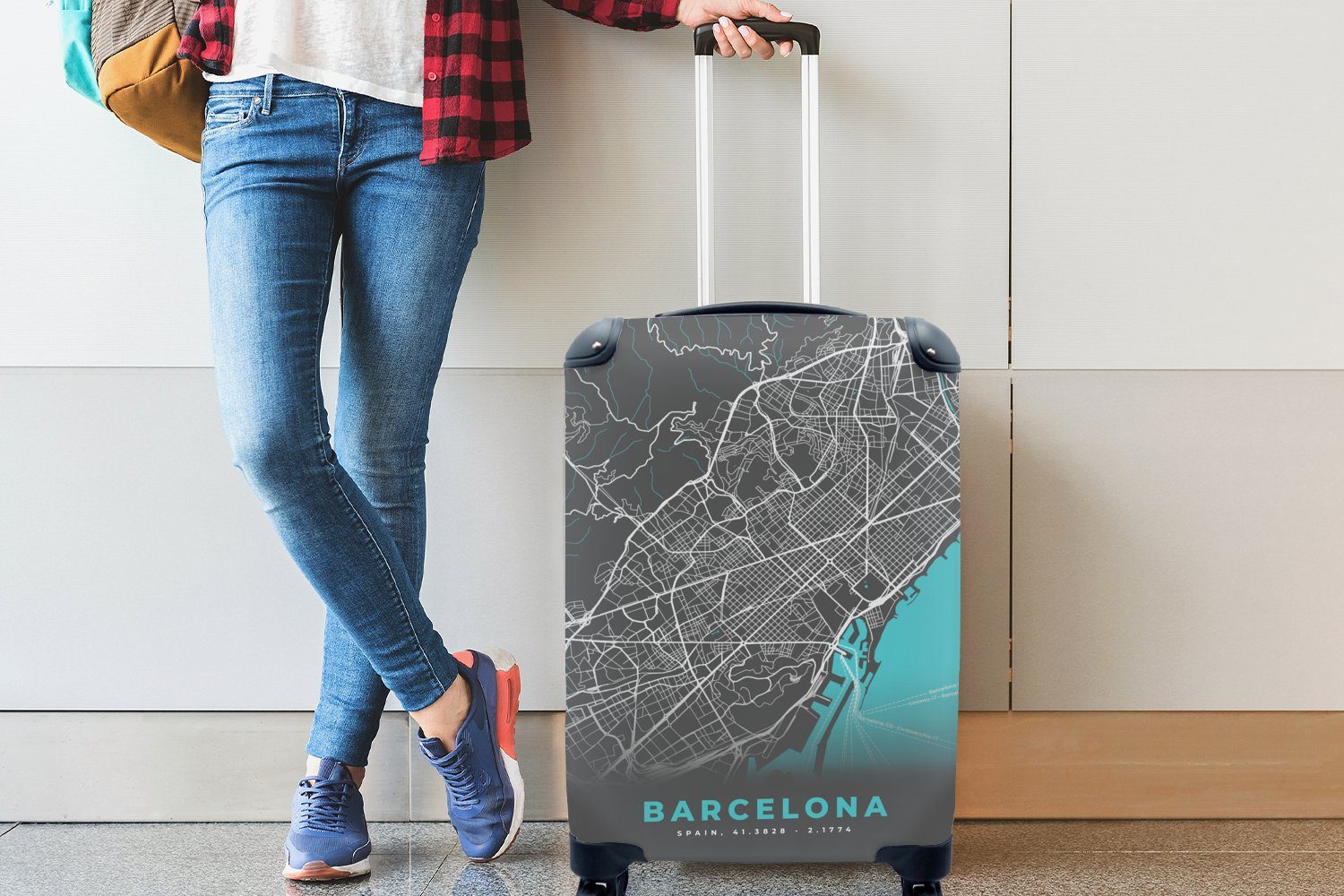 MuchoWow Karte - - Handgepäckkoffer Handgepäck 4 Reisekoffer - Ferien, Stadtplan, Rollen, Blau mit Trolley, Barcelona Reisetasche rollen, für