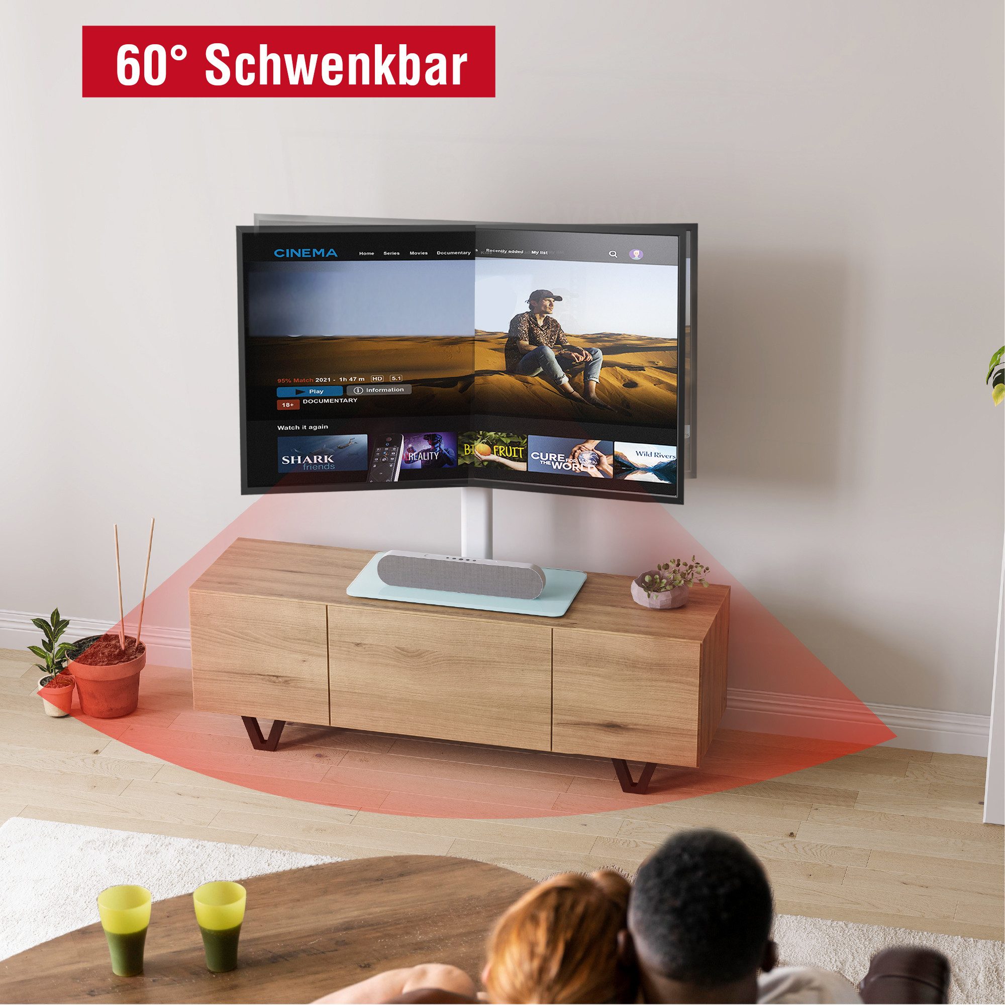AOKCOS TV-Ständer höhenverstellbar, ± 30° schwenkbar, 32-75 Zoll, (bis 75 Zoll, -2°-10° neigbar, rutschfeste Gummifüße, Tisch-TV-Ständer) – Bild 3 von 5