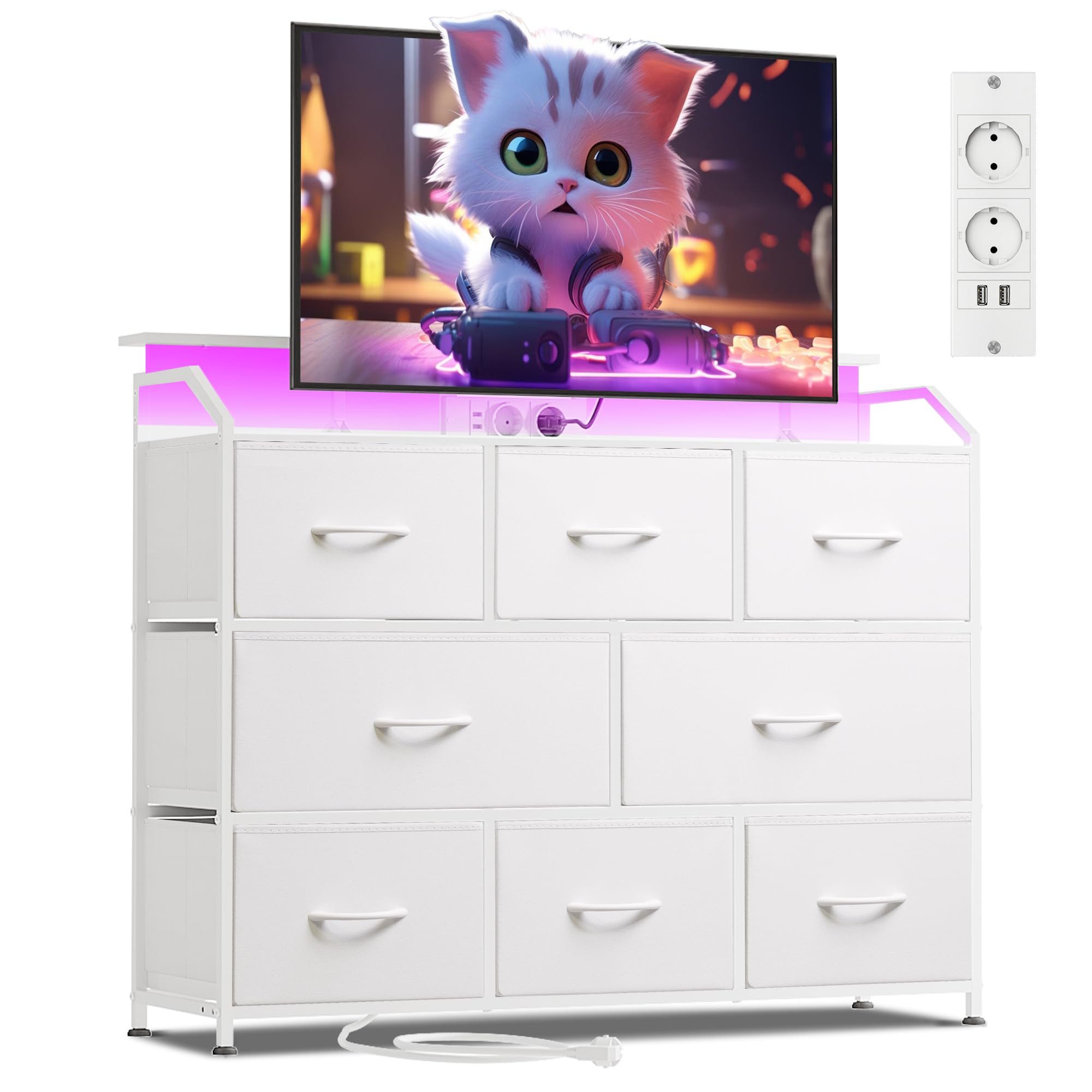 Kommode mit 8 Stoffschubladen, LED-Beleuchtung und Ladestation