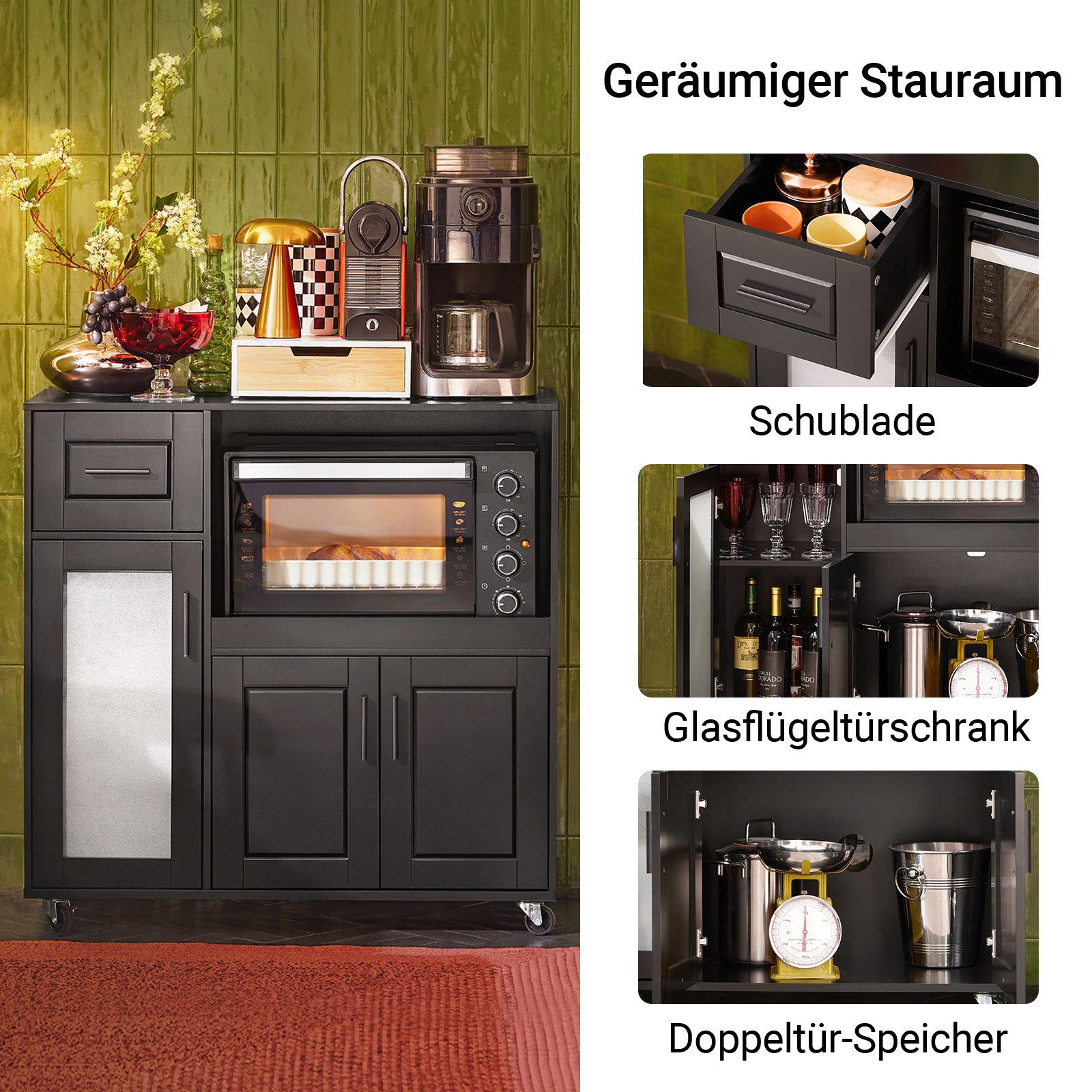 SoBuy Sideboard FSB78, Aufbewahrungsschrank Küchekommode Küchentrolley, auf Rollen Küchenwagen Mikrowellenschrank Küchenschrank Rollwagen