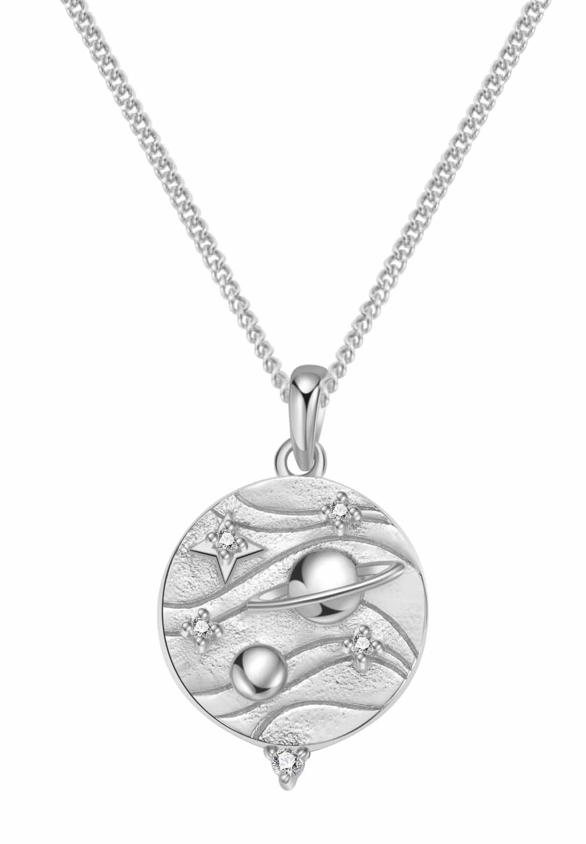 Hey Happiness Kette mit Anhänger mit Gravur Possibility, Damen Statementkette Silber 925 Planet mit Bedeutung, Halskette Anhänger Sterne Zirkonia, 18K vergoldet Glücksbringer