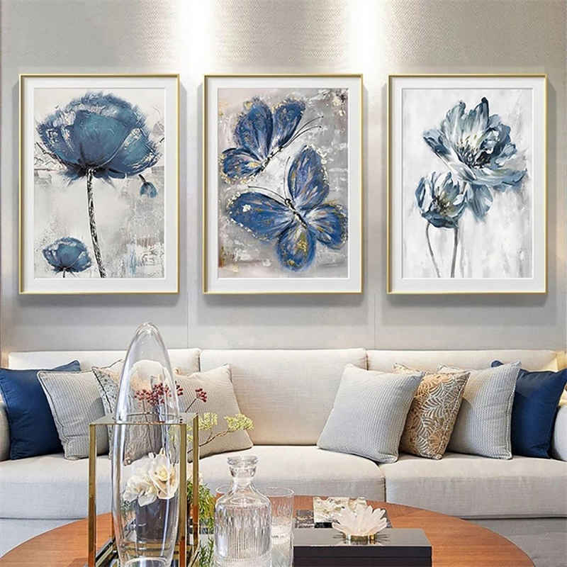 Leway Kunstdruck »Kunstdruck Blaue Blume Schmetterling Ölgemälde Dekorative Malerei«